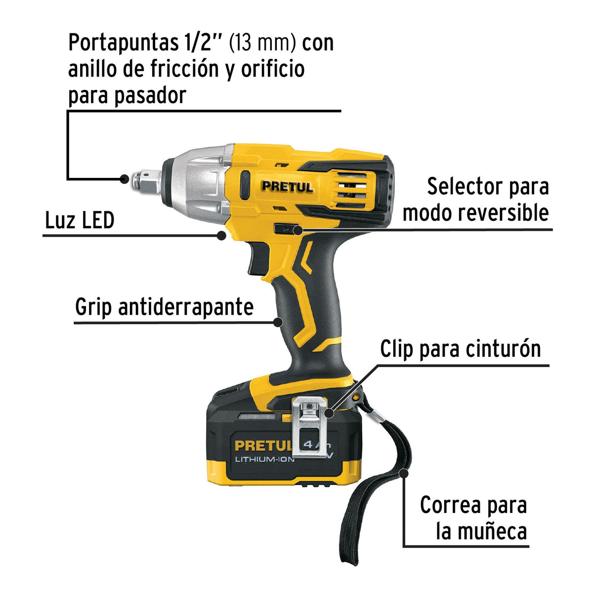 Llave de Impacto Inalambrica 20 Volts 1/2" con 1 Bateria Pretul
