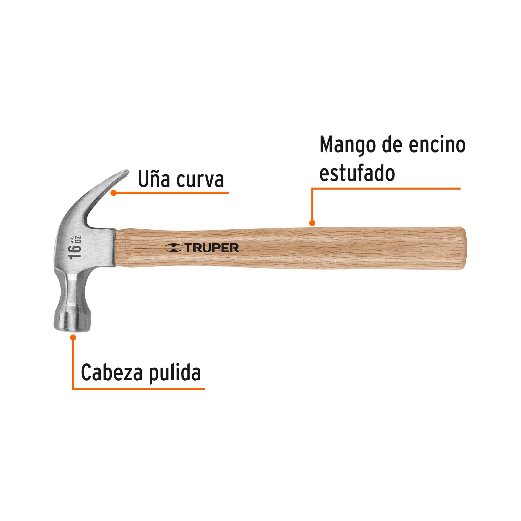 Martillo Pulido Uña Curva Mango Madera 16 Onzas Truper