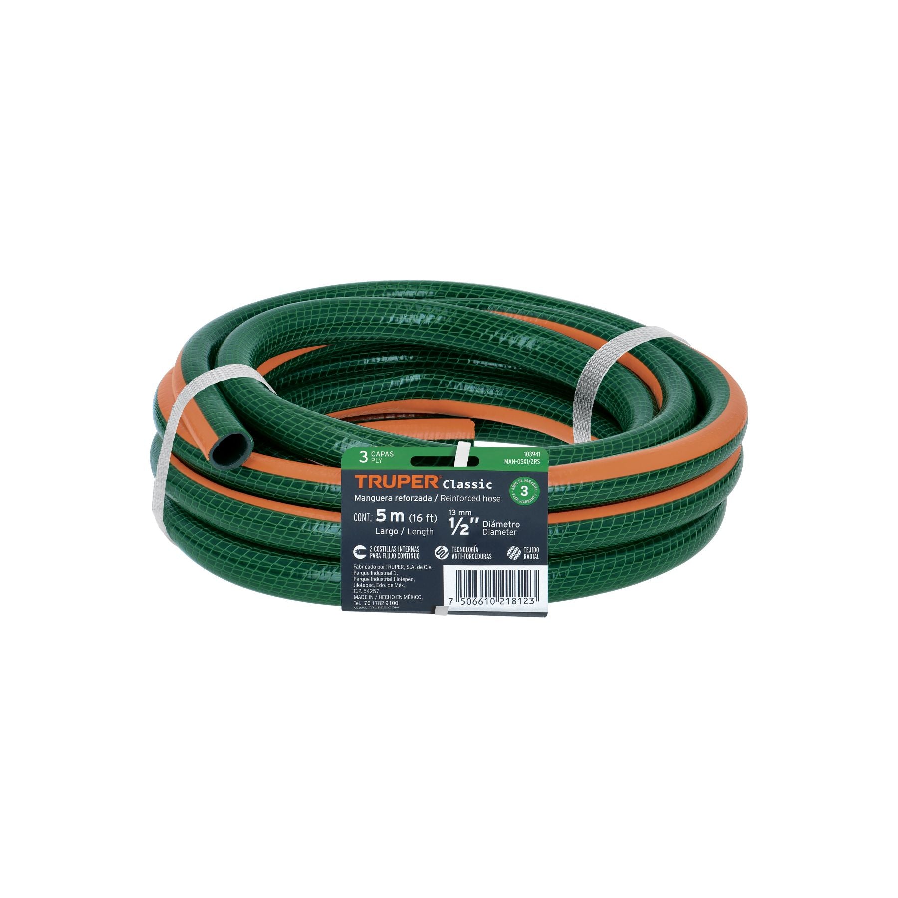 Manguera 3 Capas Tramada Verde Truper 1/2" Rollo 5 mts
