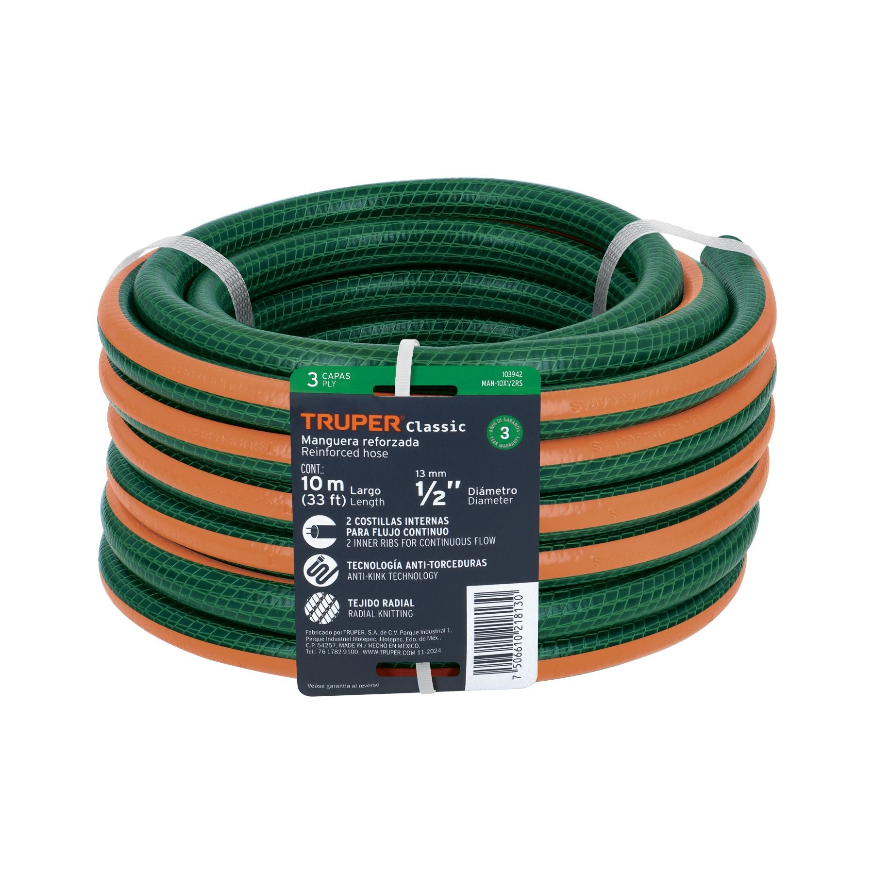 Manguera 3 Capas Tramada Verde Truper 1/2" Rollo 10 mts