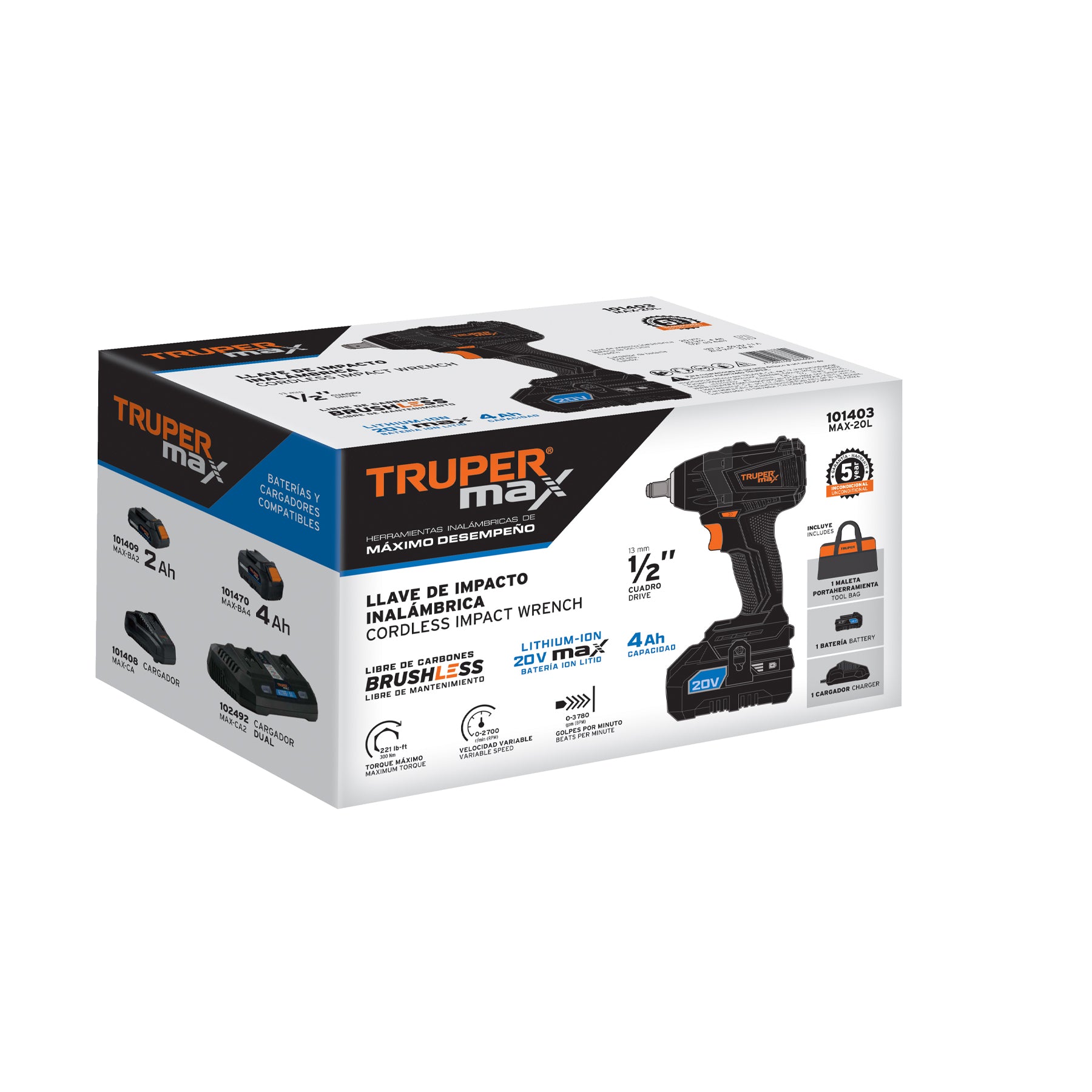 Llave de Impacto Inalambrica 20 Volts Broquero de 1/2" Brushless Truper Max