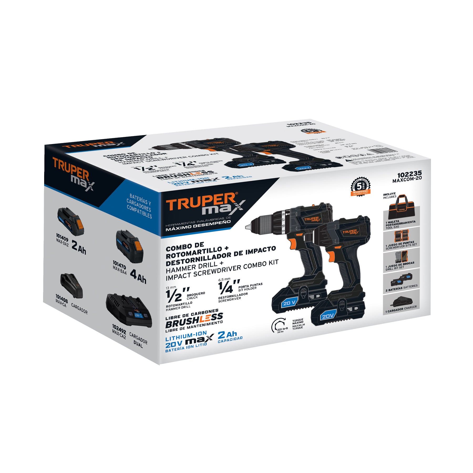 Combo Rotomartillo y Destornillador Inalambrico 20 Volts Brushless Truper Max