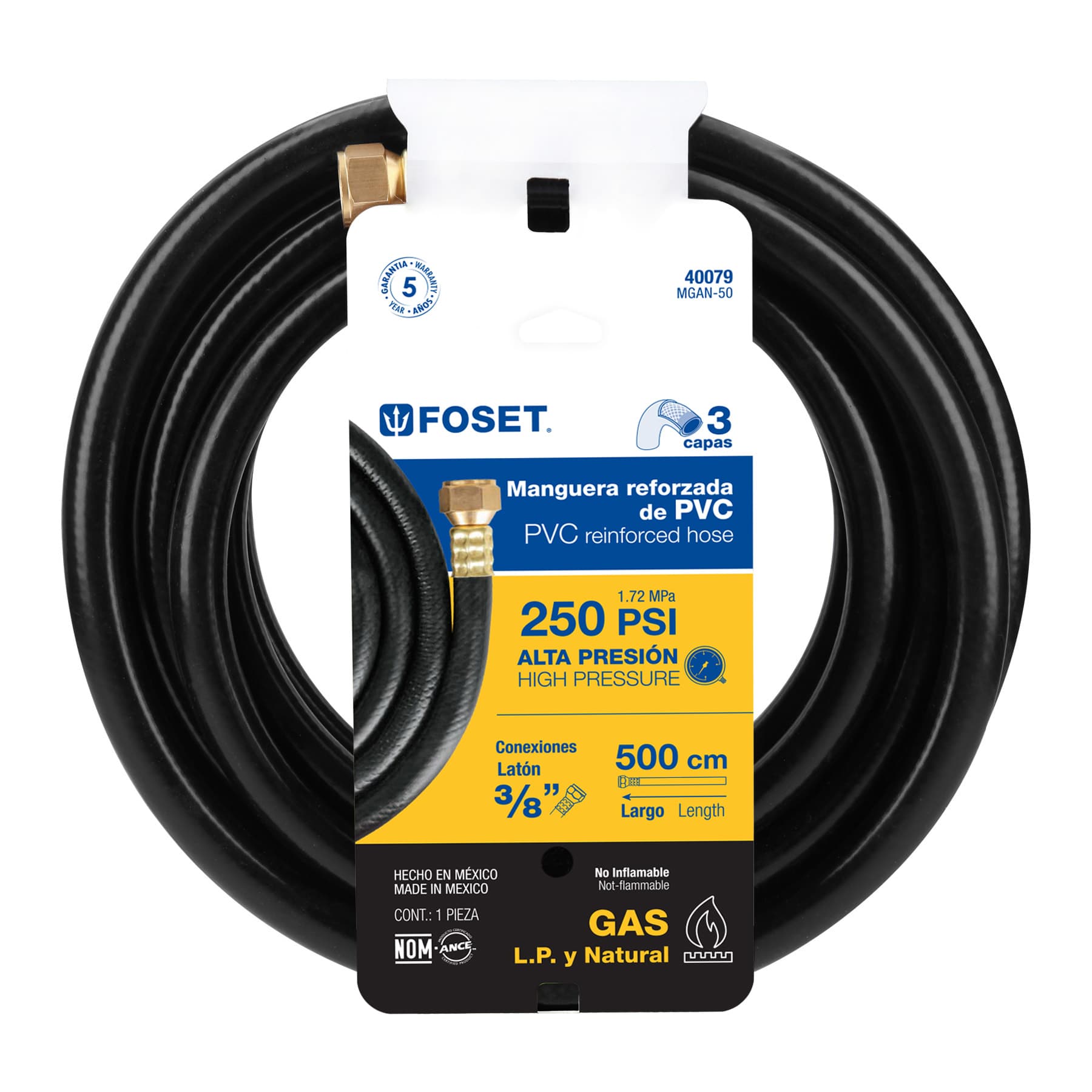 Manguera para Gas 3/8" Flexible Negra Foset 500 cms
