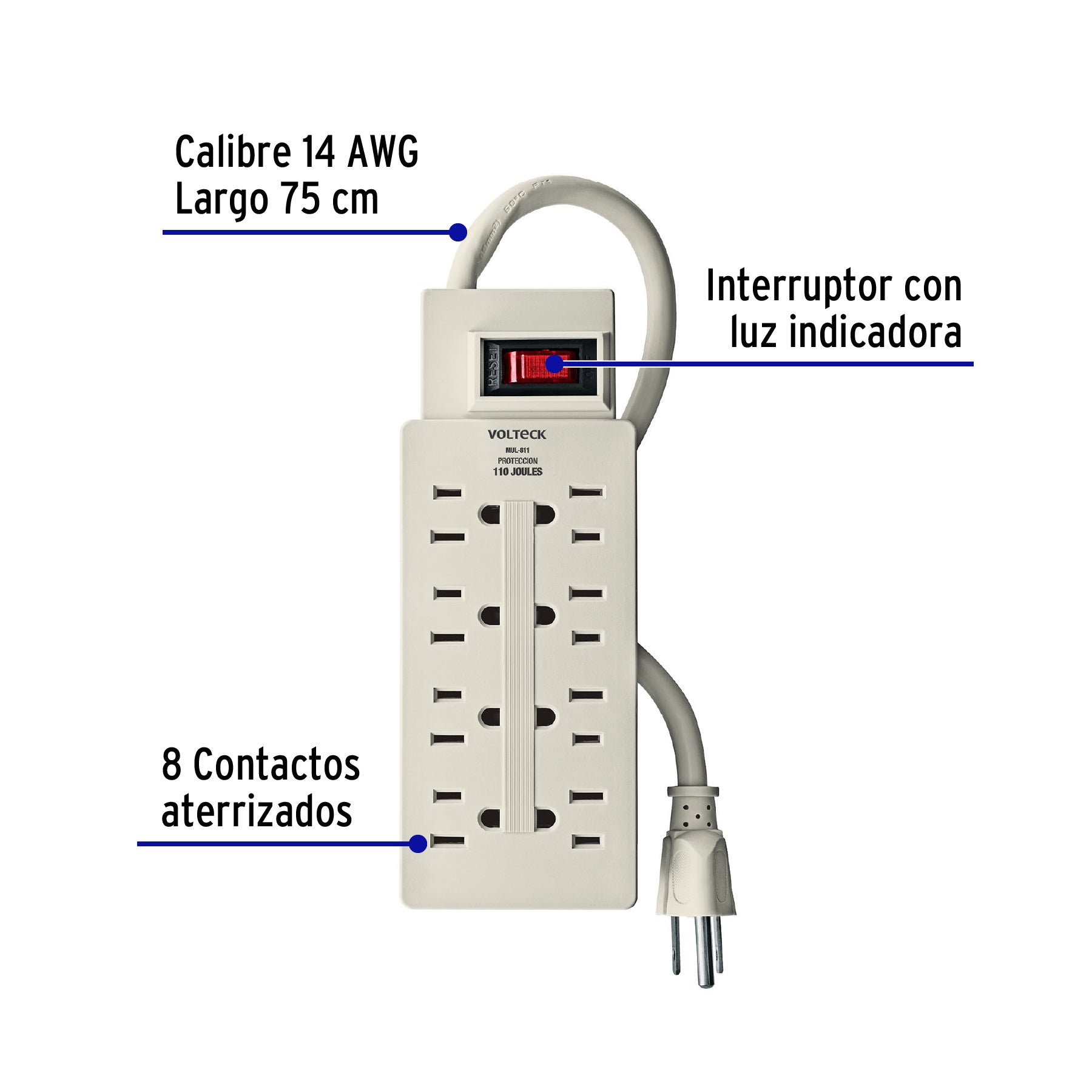 Multicontacto Barra 8 Entradas 14 AWG Supresor de Picos 110 Joules Volteck Blanco