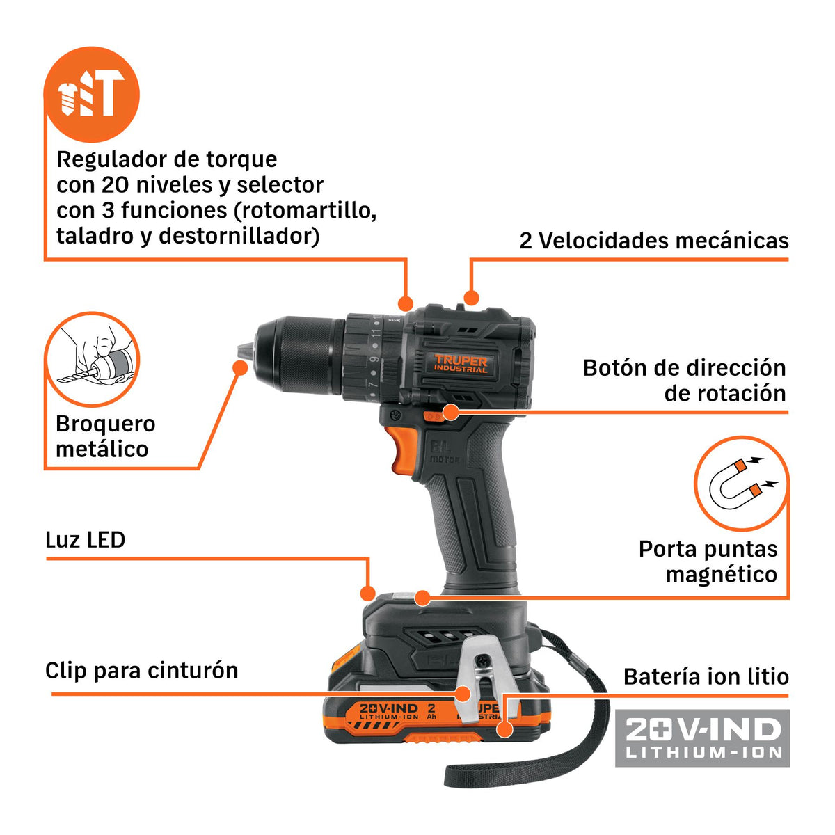 Rotomartillo Inalambrico 20 Volts 1/2" 70Nm 1 Bateria 2Ah TRUPER INDUSTRIAL