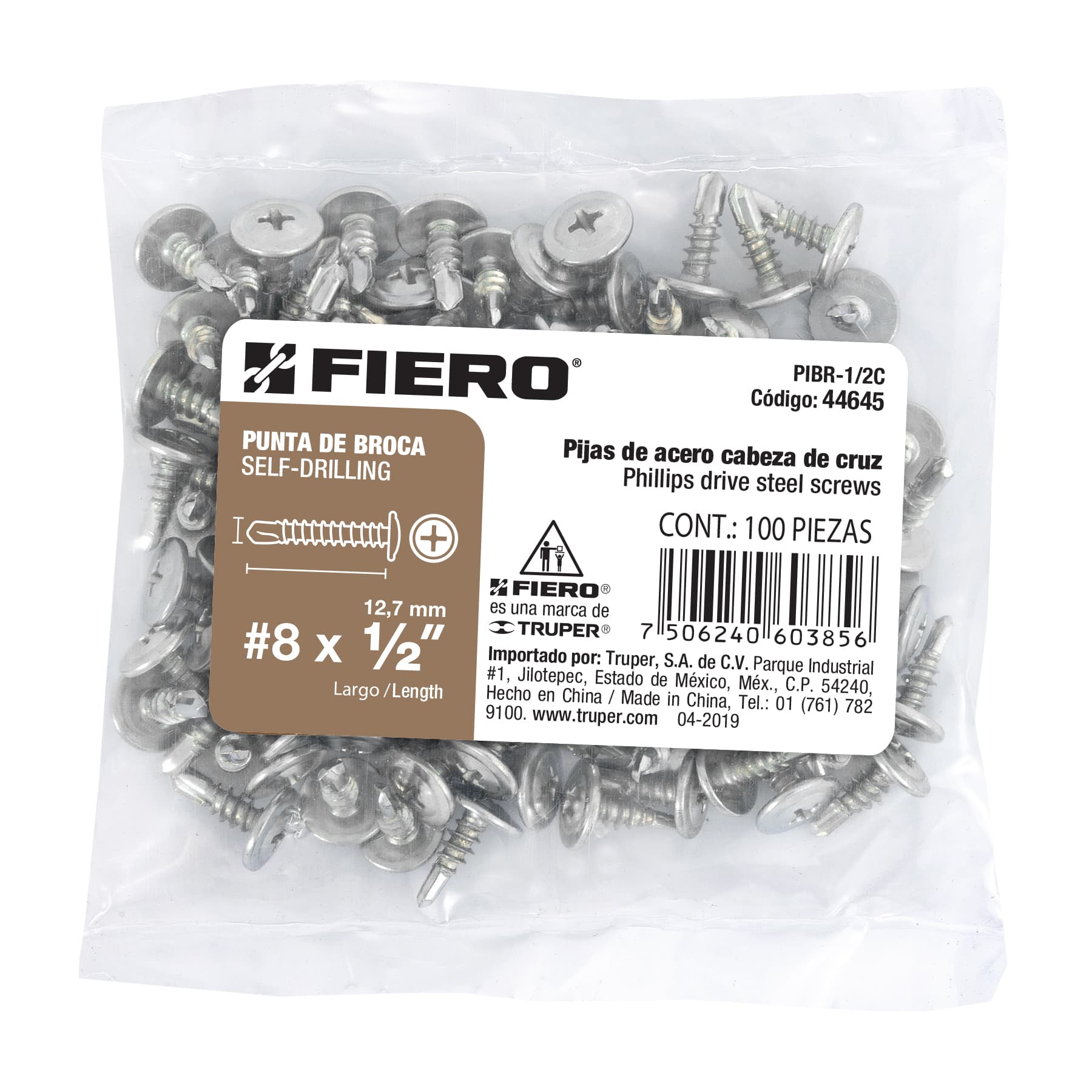 Pija Punta de Broca No 8 x 1/2" (13 mm) Fiero Bolsa con 100 Piezas