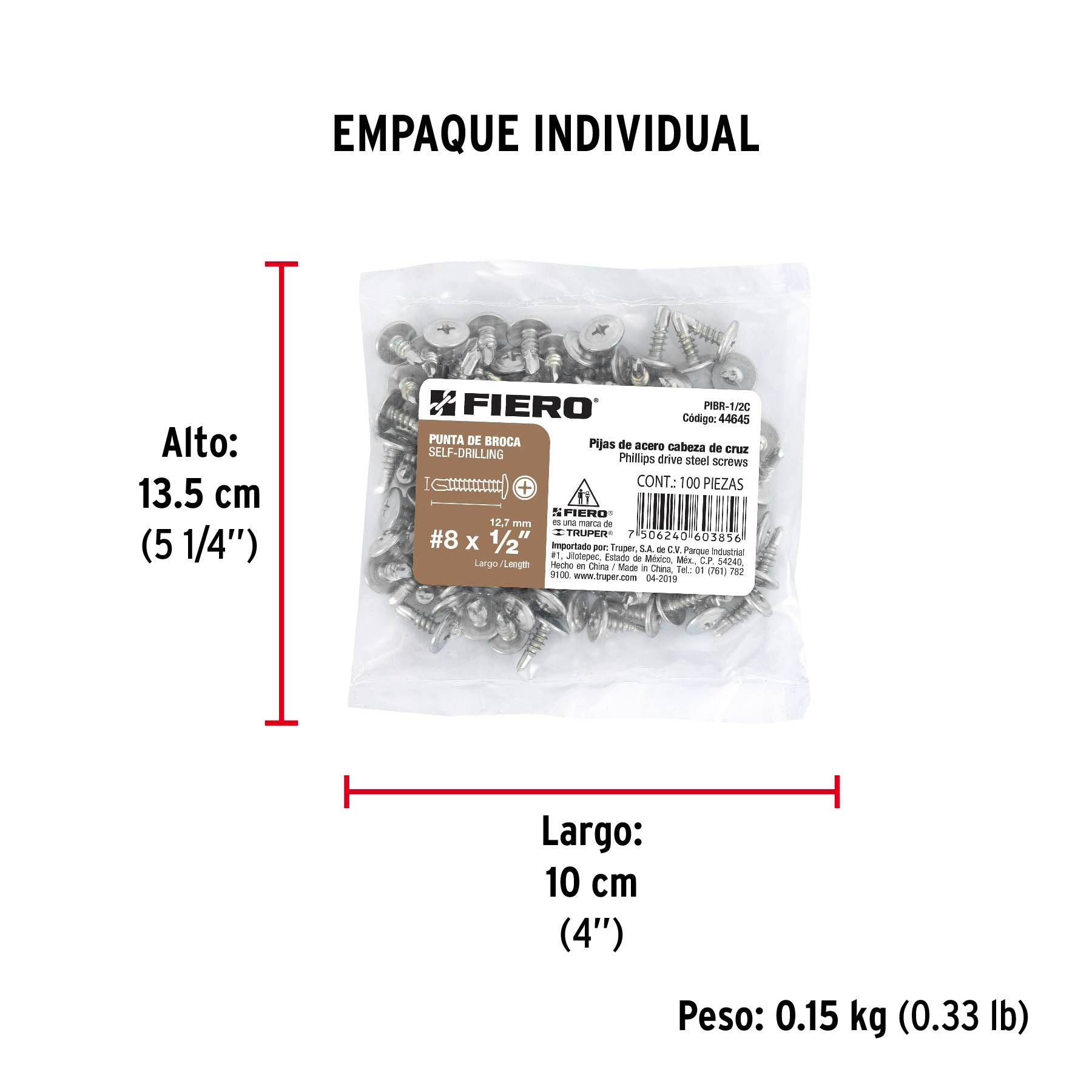 Pija Punta de Broca No 8 x 1/2" (13 mm) Fiero Bolsa con 100 Piezas