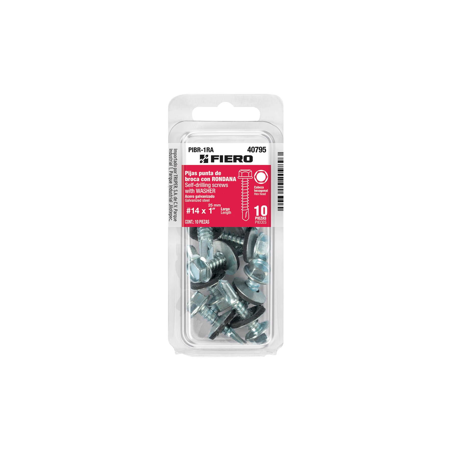 Pija Punta de Broca Hexagonal con Rondana No 14 x 1" (25 mm) Fiero Blister 10 Piezas