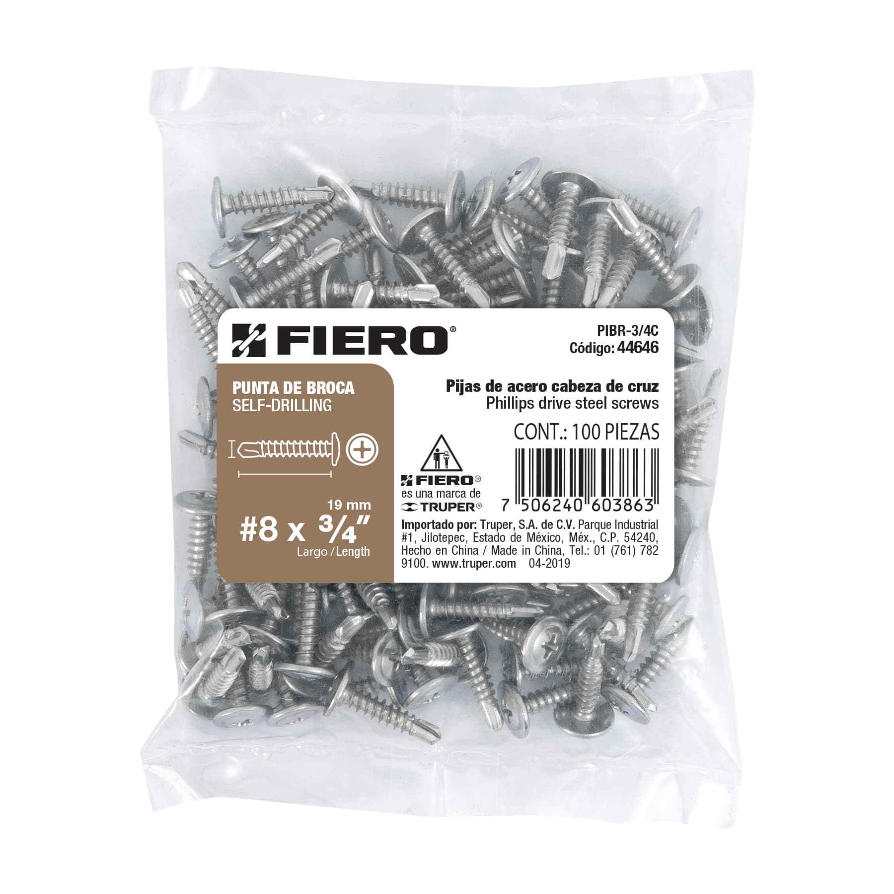 Pija Punta de Broca No 8 x 3/4" (19 mm) Fiero Bolsa con 100 Piezas