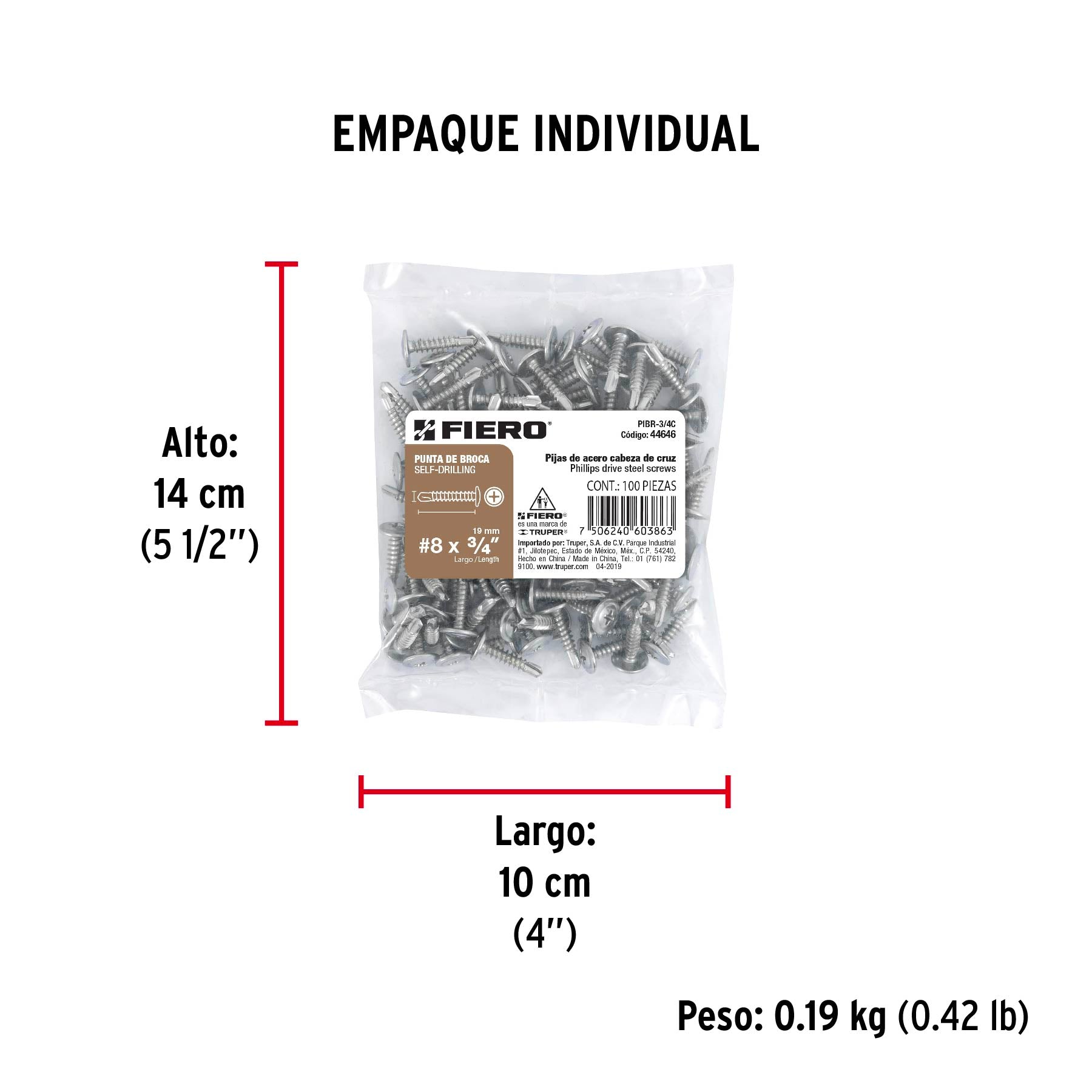Pija Punta de Broca No 8 x 3/4" (19 mm) Fiero Bolsa con 100 Piezas