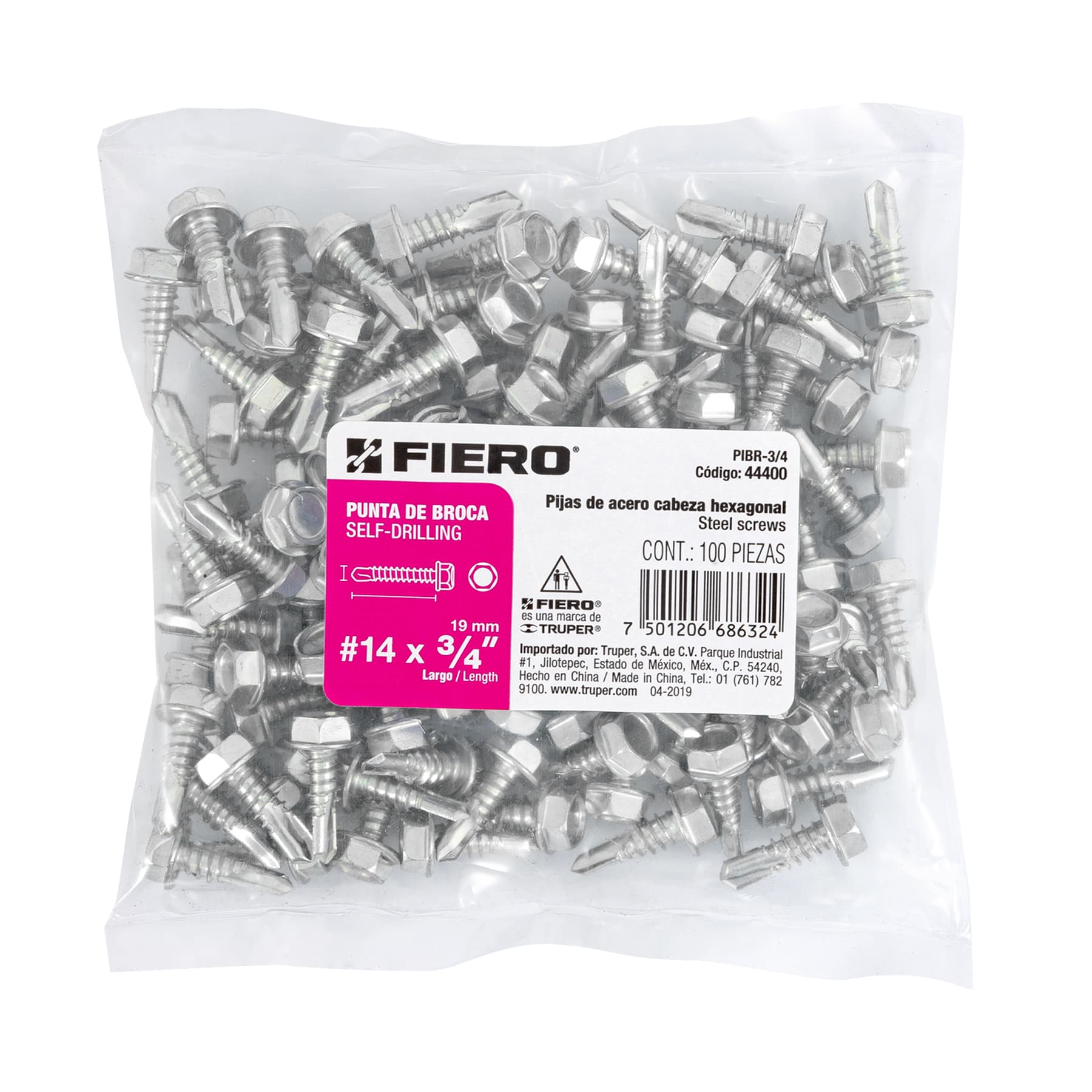 Pija Punta de Broca Hexagonal No 14 x 3/4" (19 mm) Fiero Bolsa 100 Piezas