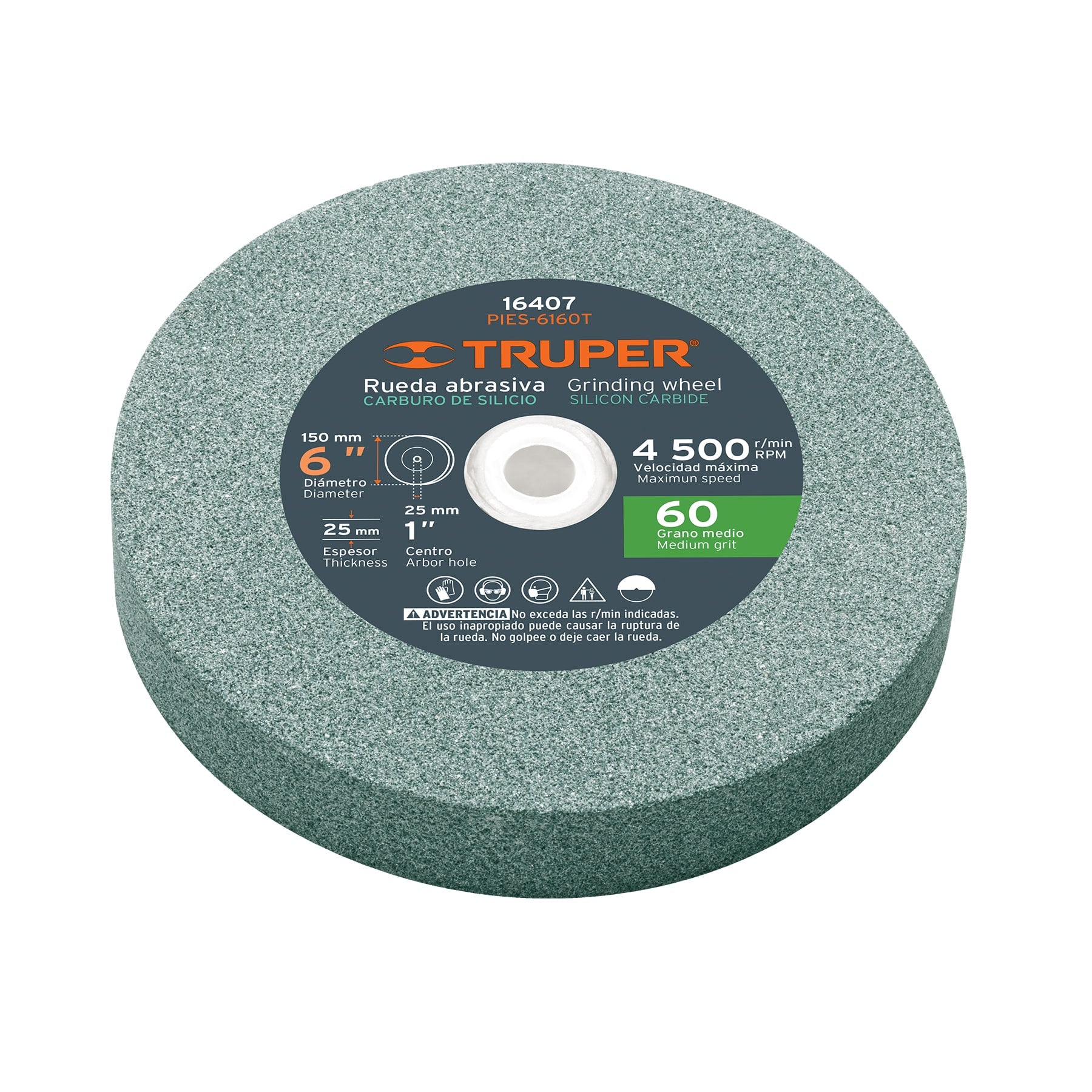 Rueda Abrasiva para Esmeril 6"x 25mm Carburo Silicio Grano 60 Truper