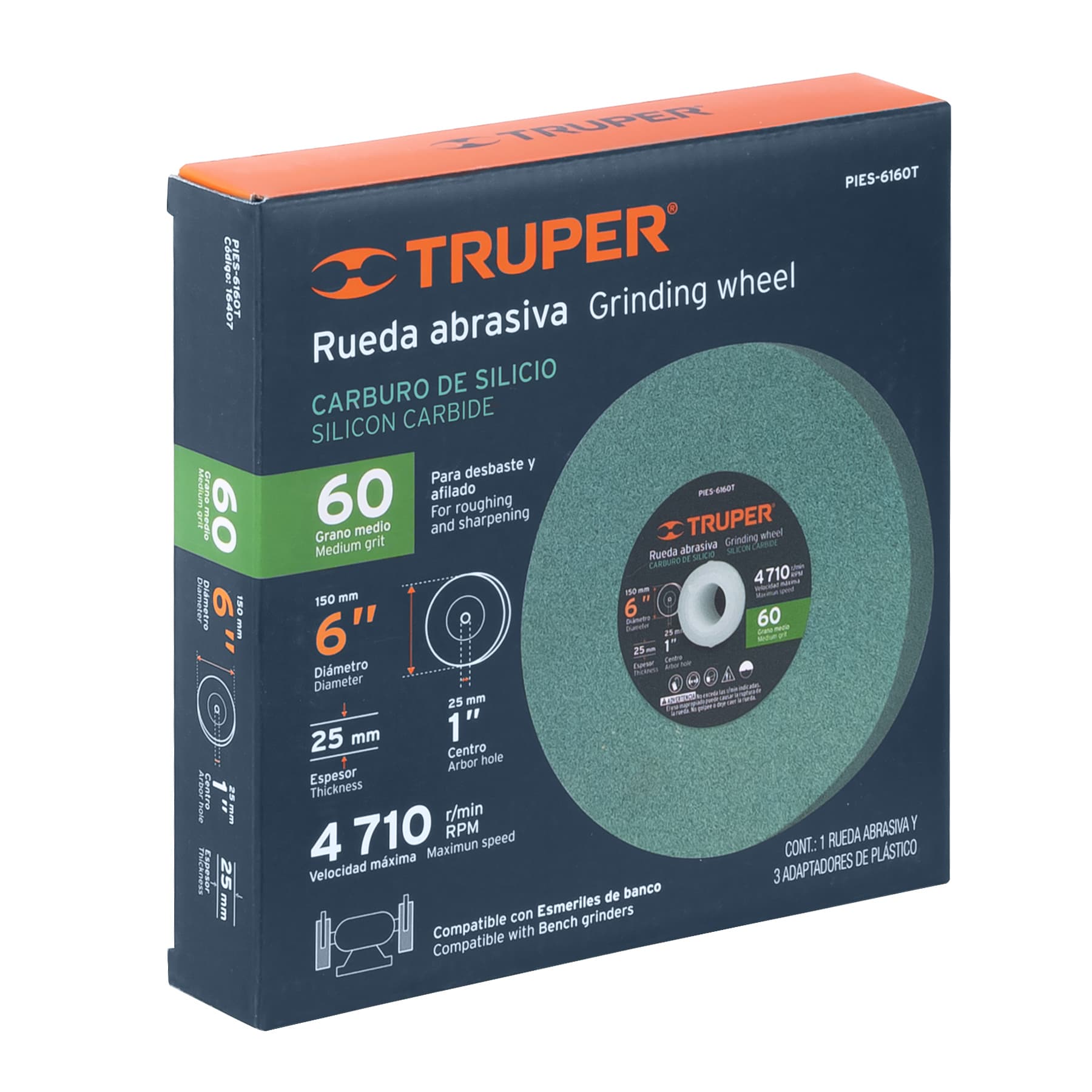 Rueda Abrasiva para Esmeril 6"x 25mm Carburo Silicio Grano 60 Truper