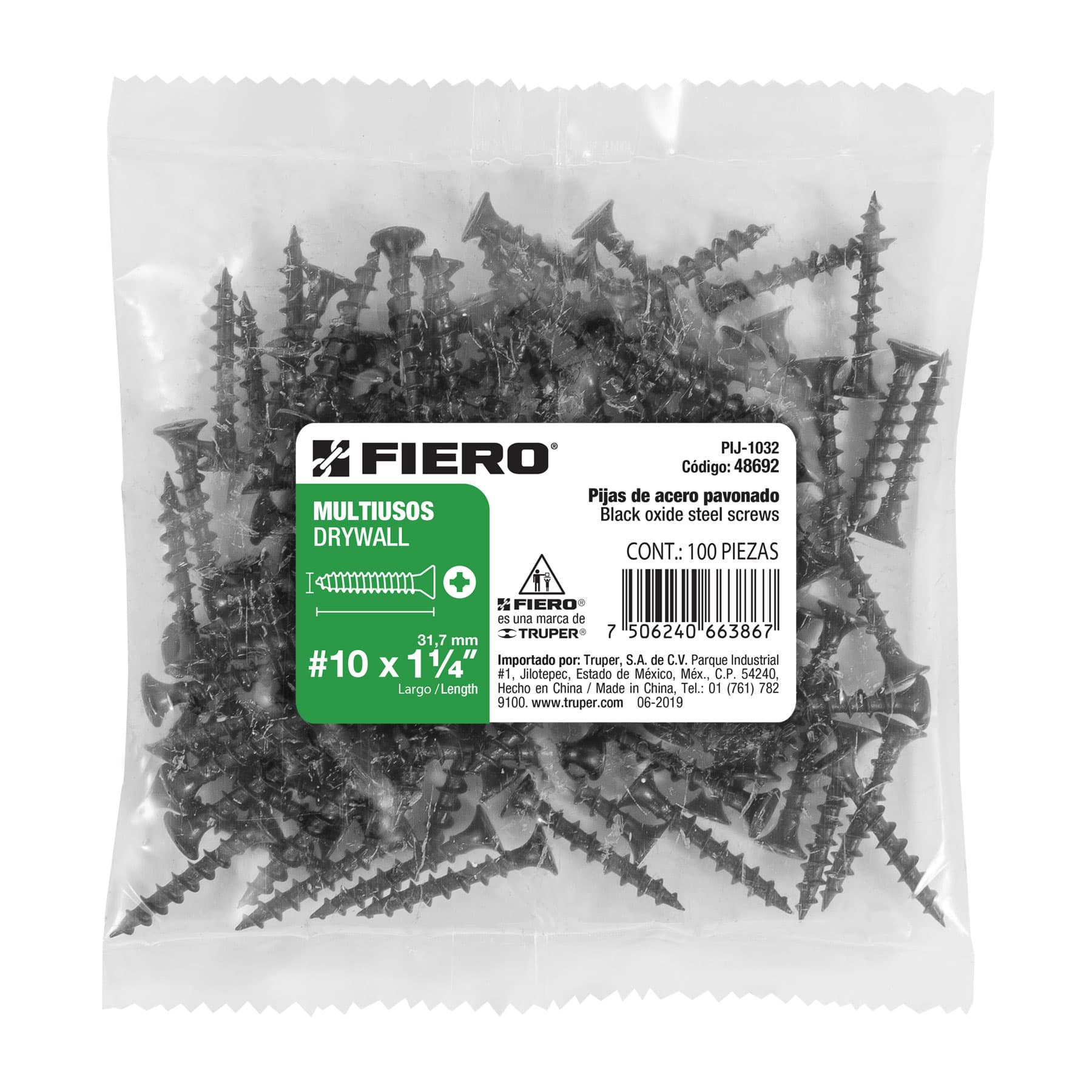 Pija Tablaroca No 10 x 1"1/4 Fiero Bolsa con 100 Piezas