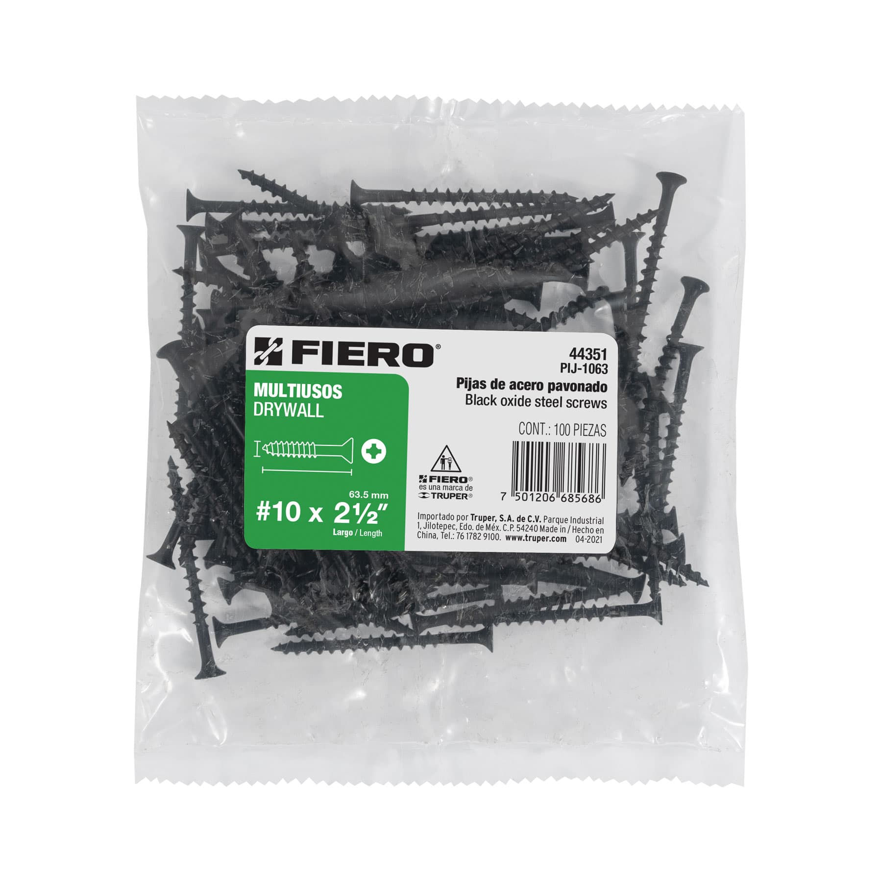 Pija Tablaroca No 10 x 2"1/2 Fiero Bolsa con 100 Piezas