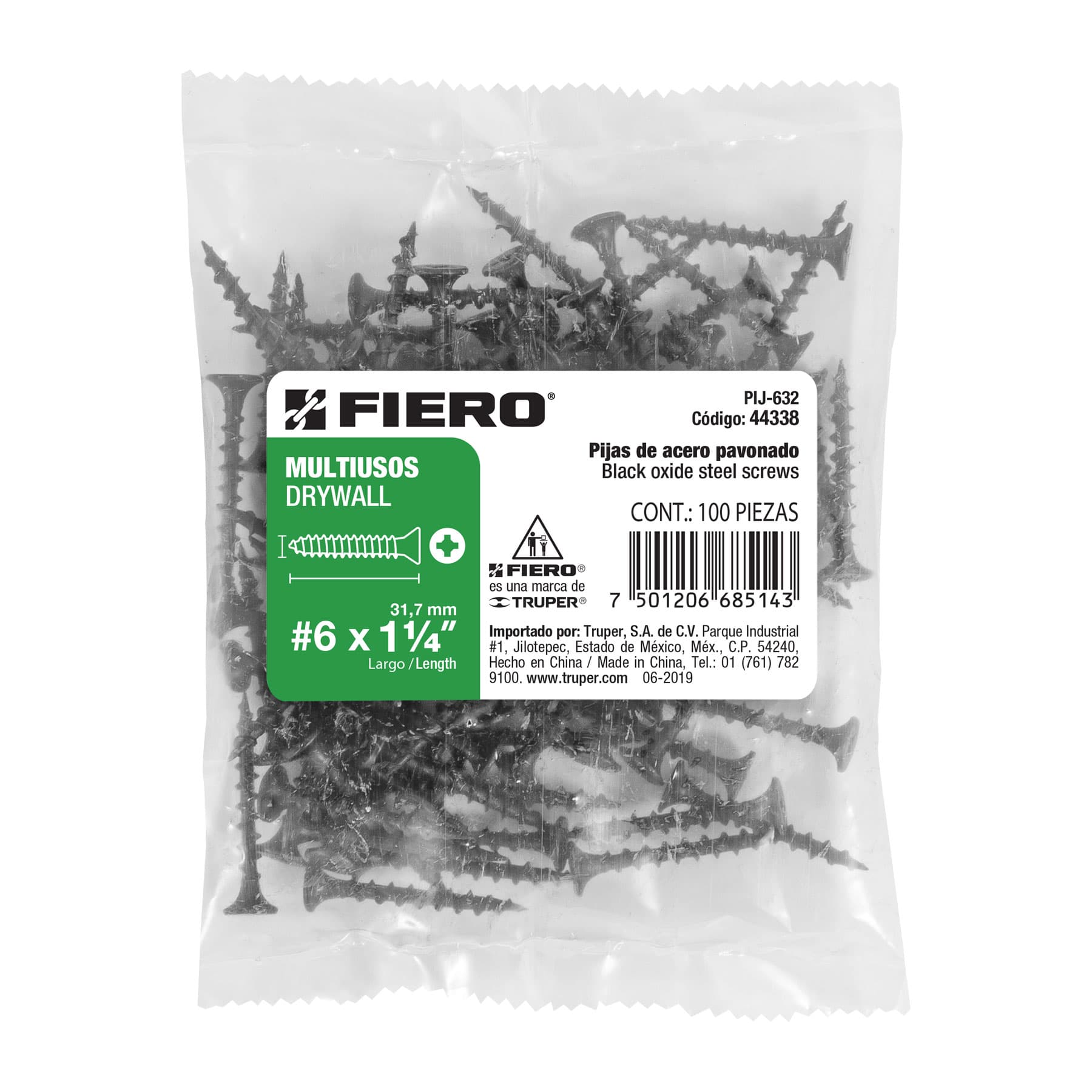 Pija Tablaroca No 6 x 1"1/4 Fiero Bolsa con 100 Piezas