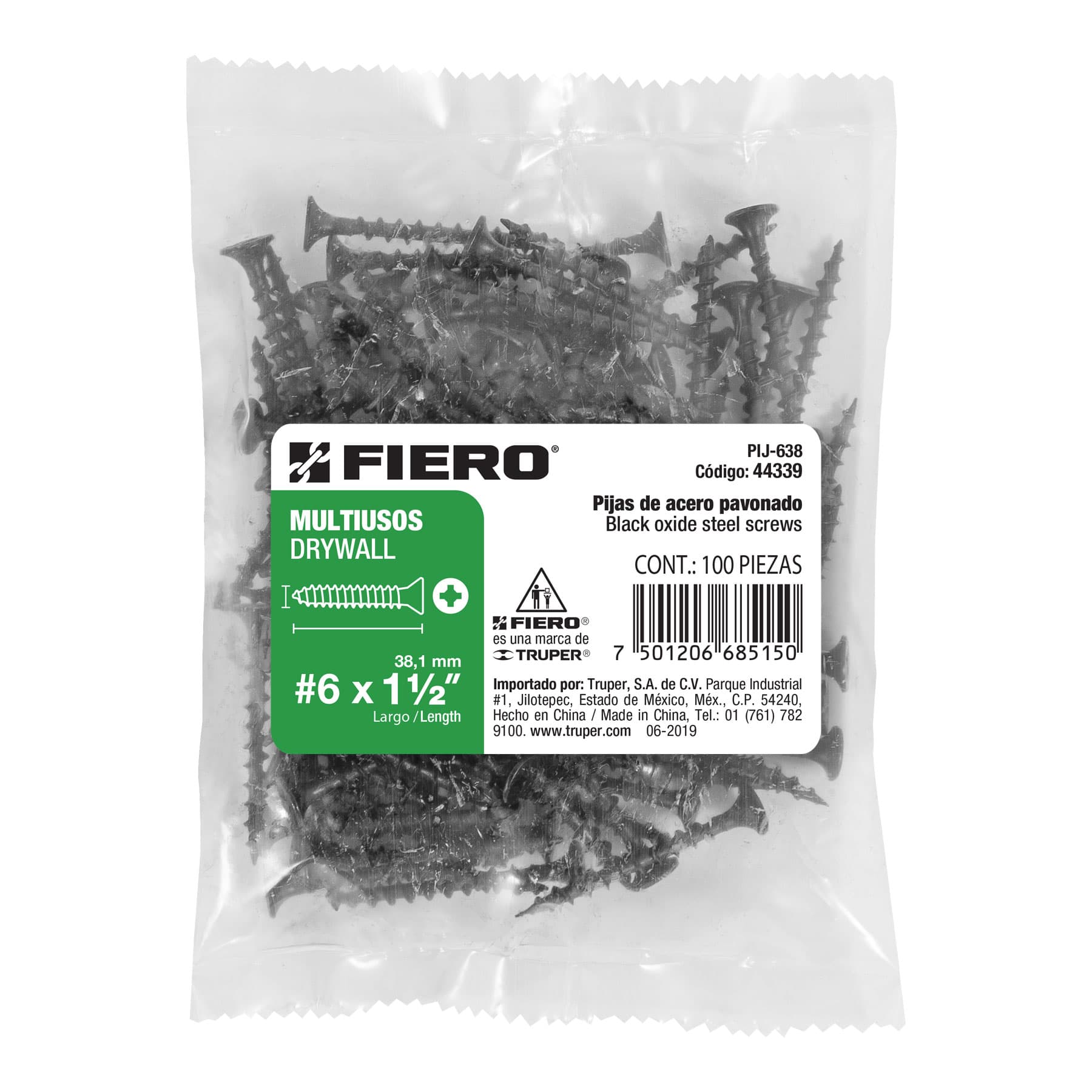 Pija Tablaroca No 6 x 1"1/2 Fiero Bolsa con 100 Piezas