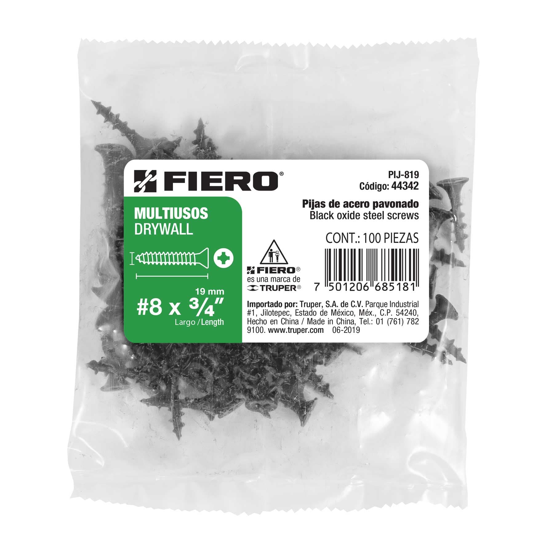 Pija Tablaroca No 8 x 3/4" Fiero Bolsa con 100 Piezas