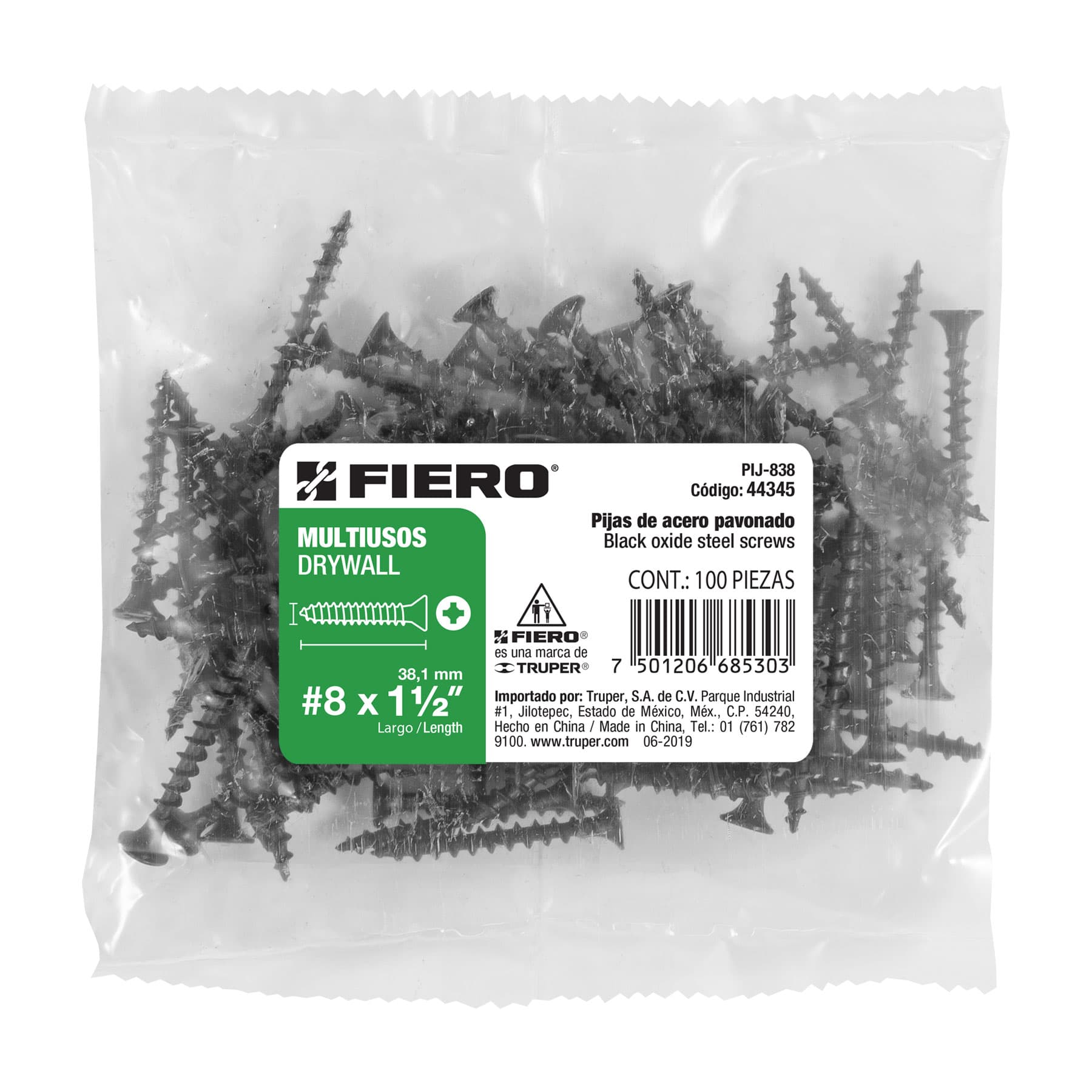 Pija Tablaroca No 8 x 1"1/2 Fiero Bolsa con 100 Piezas