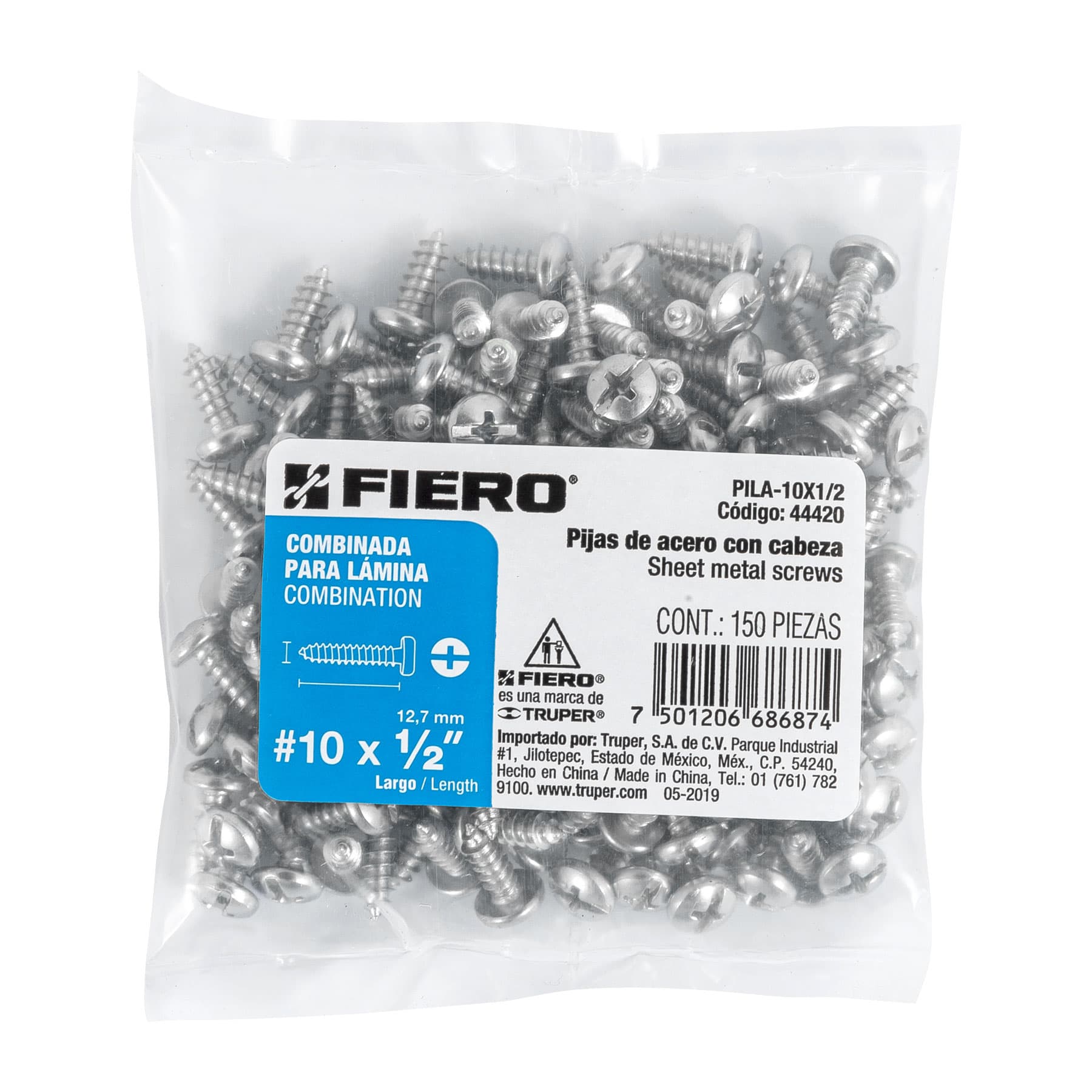 Pija para Lamina No 10 x 1/2" (13 mm) Fiero Bolsa con 150 Piezas
