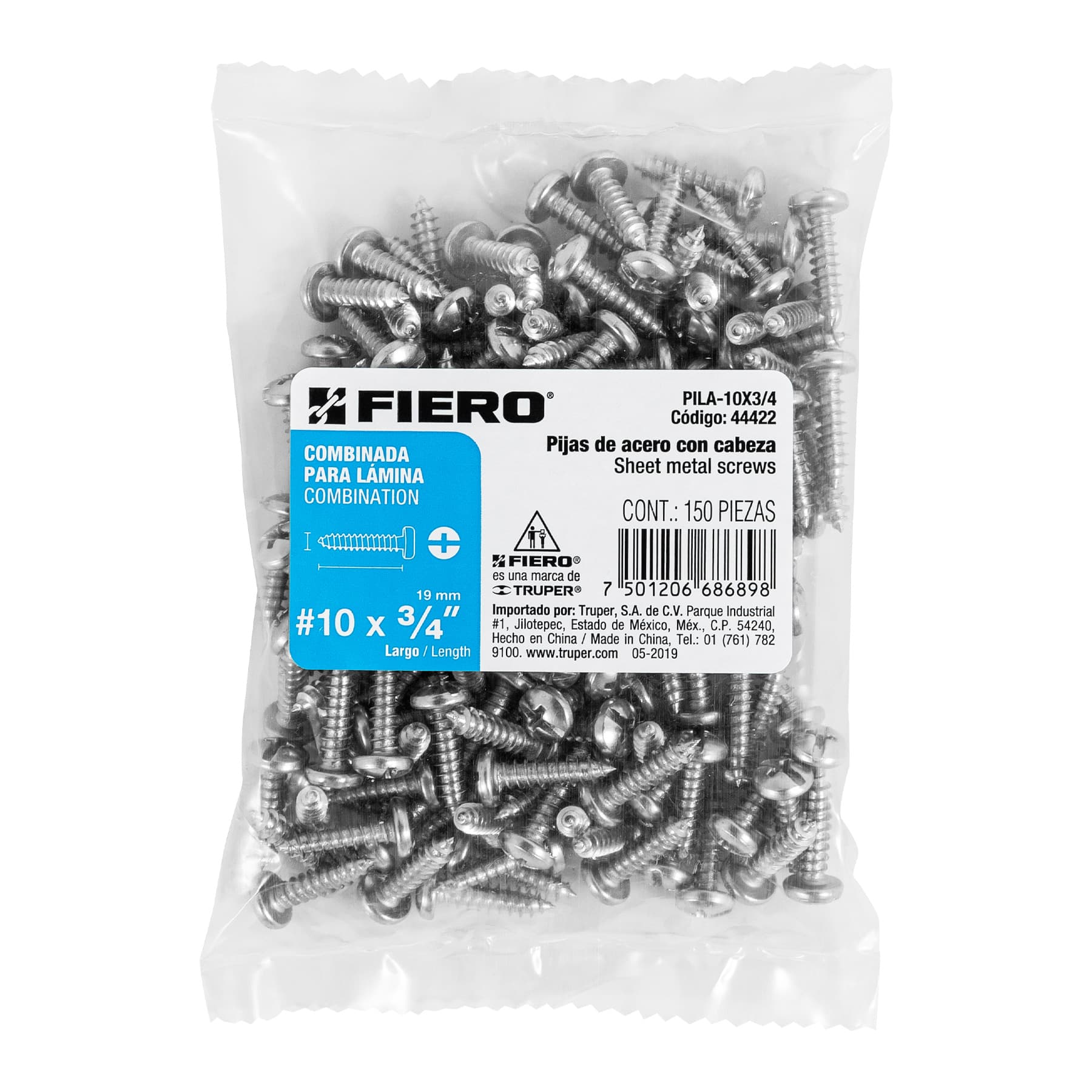 Pija para Lamina No 10 x 3/4" (19 mm) Fiero Bolsa con 150 Piezas