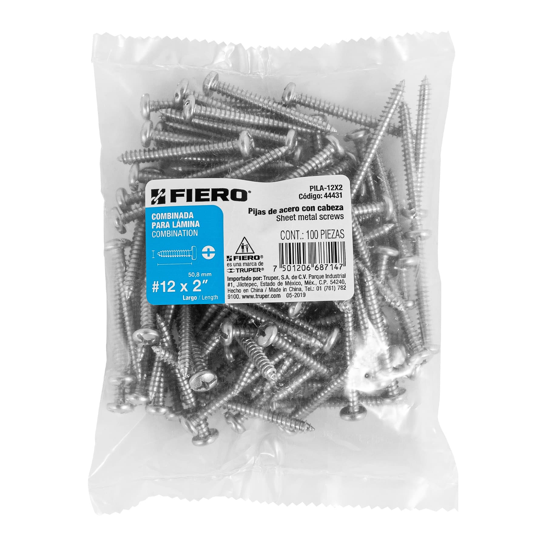 Pija para Lamina No 12 x 2" (50 mm) Fiero Bolsa con 100 Piezas