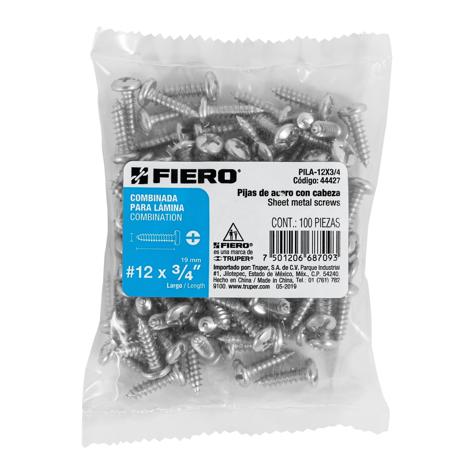 Pija para Lamina No 12 x 3/4" (19 mm) Fiero Bolsa con 100 Piezas