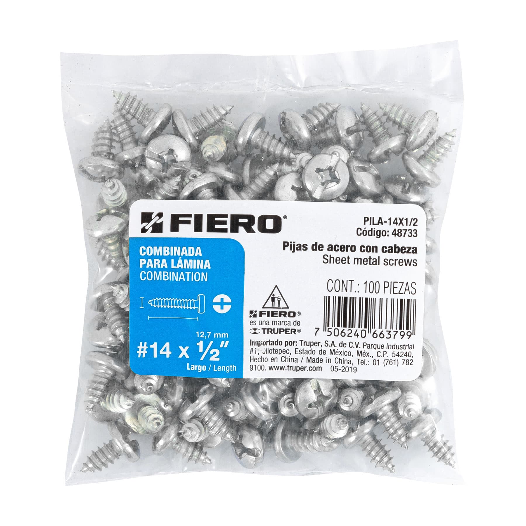 Pija para Lamina No 14 x 1/2" (13 mm) Fiero Bolsa con 100 Piezas