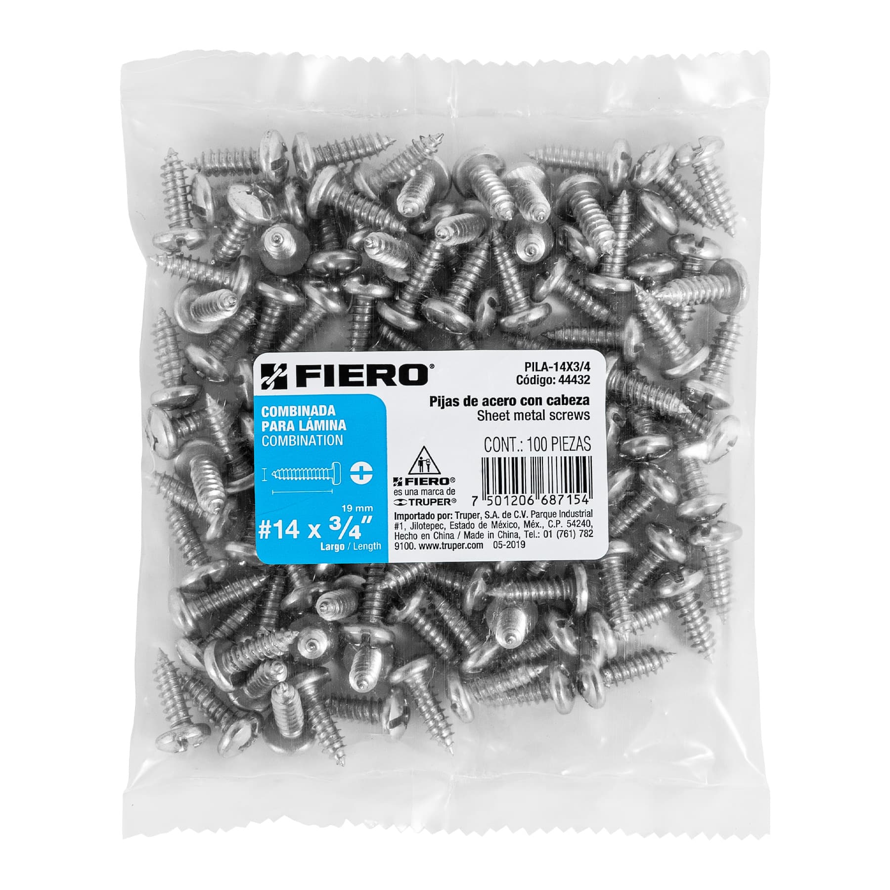 Pija para Lamina No 14 x 3/4" (19 mm) Fiero Bolsa con 100 Piezas