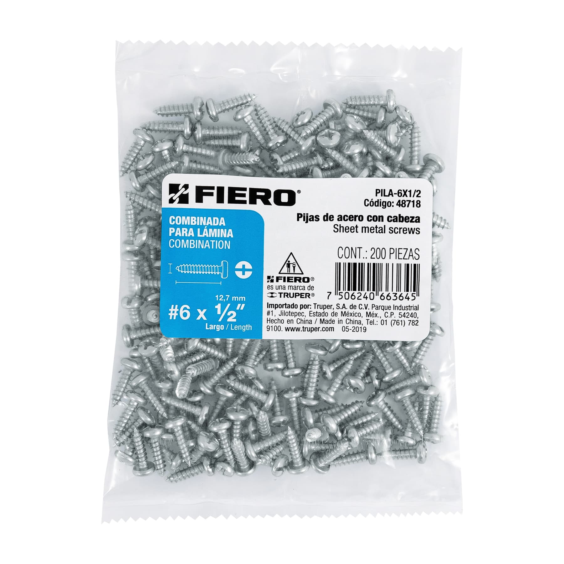 Pija para Lamina No 6 x 1/2" (13 mm) Fiero Bolsa con 200 Piezas