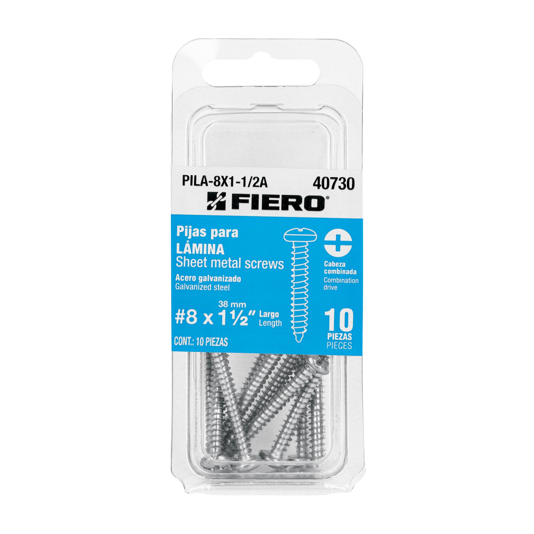 Pija para Lamina No 8 x 1"1/2 (38 mm) Fiero Blister 10 Piezas