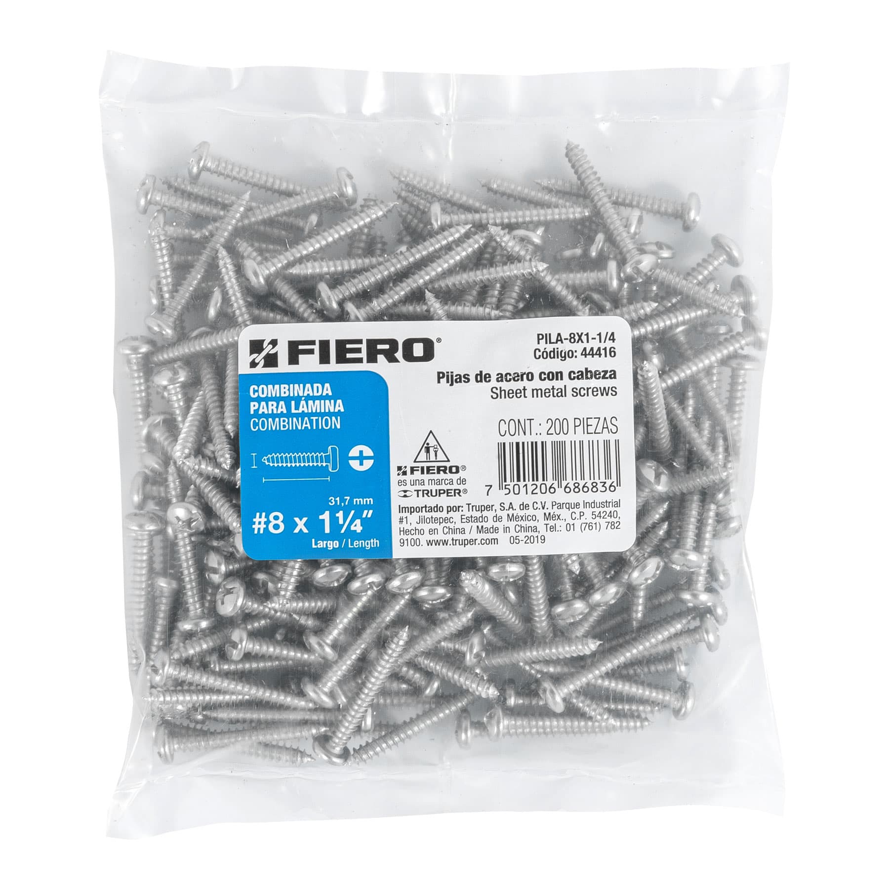 Pija para Lamina No 8 x 1"1/4 (32 mm) Fiero Bolsa con 200 Piezas