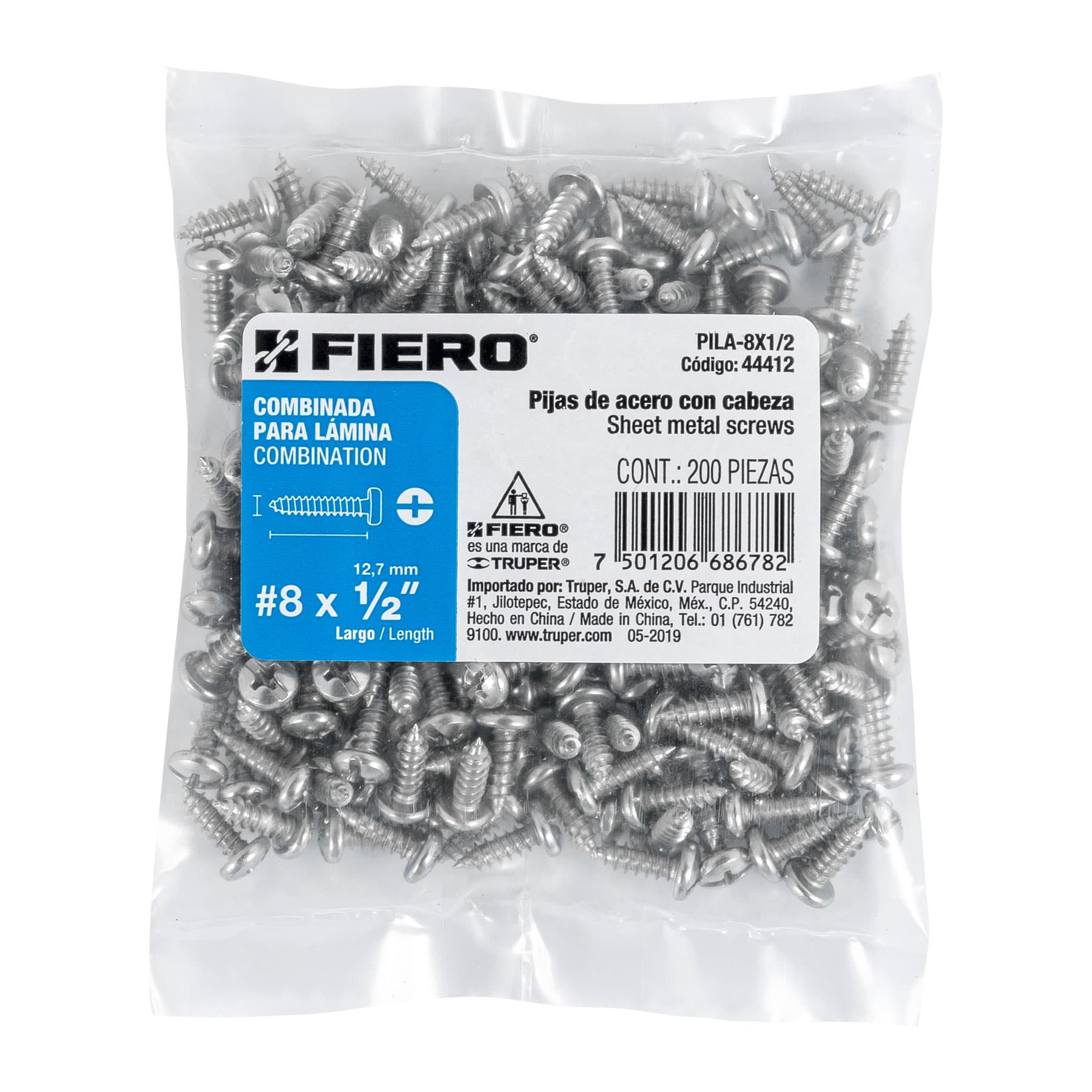 Pija para Lamina No 8 x 1/2" (13 mm) Fiero Bolsa con 200 Piezas