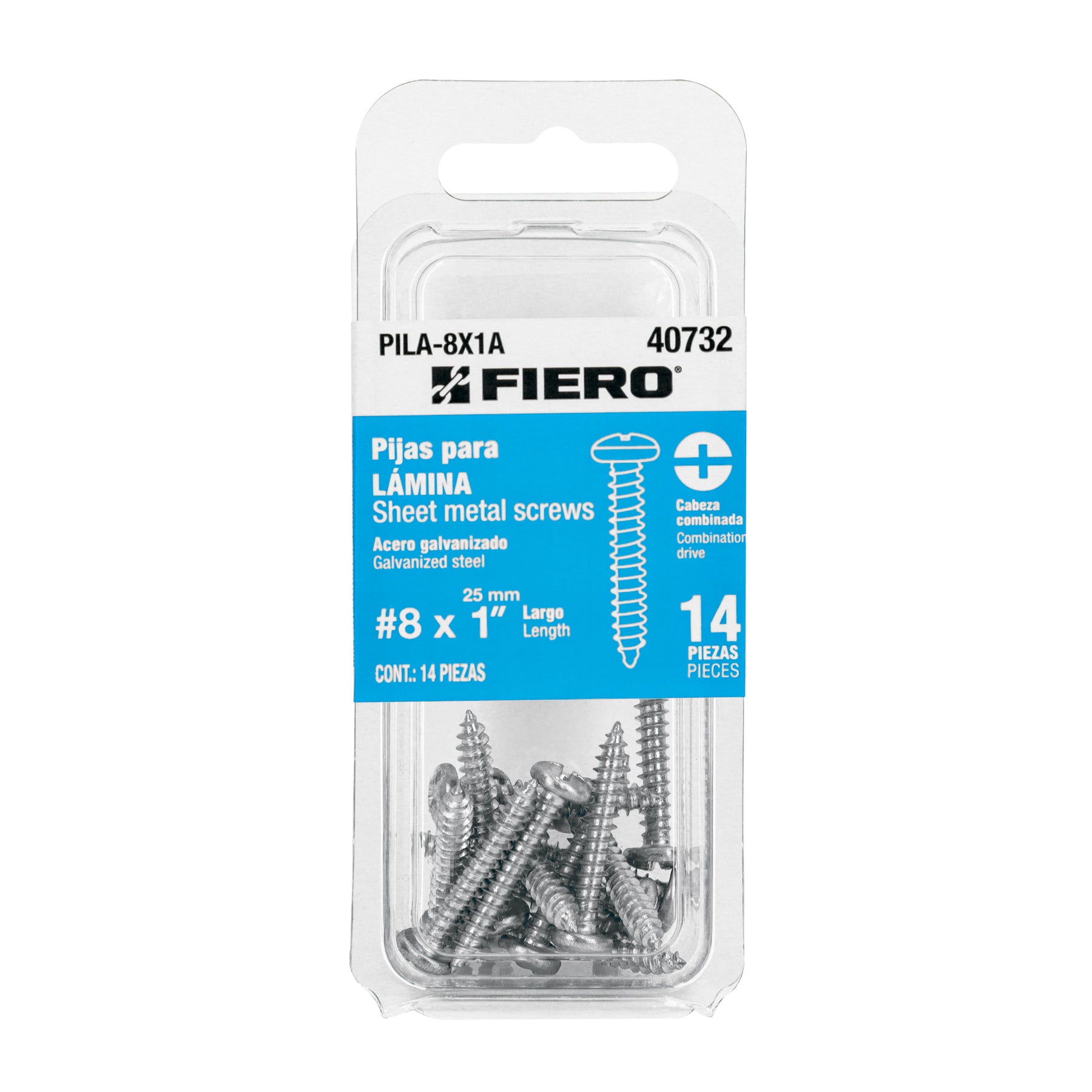 Pija para Lamina No 8 x 1" (25 mm) Fiero Blister 14 Piezas