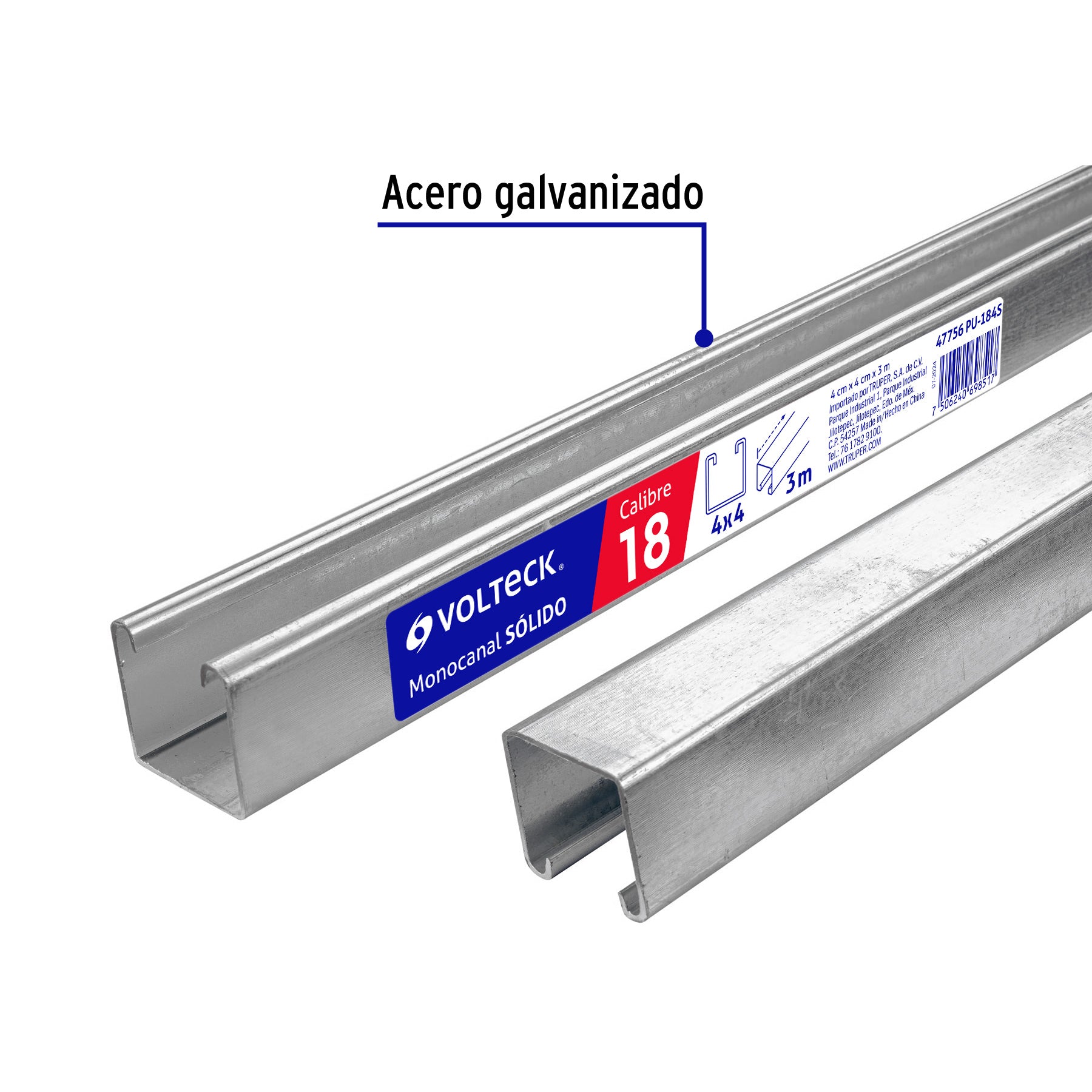 Barra Unicanal 4 X 4 cms de 3 Metros Calibre 18 Liso Volteck