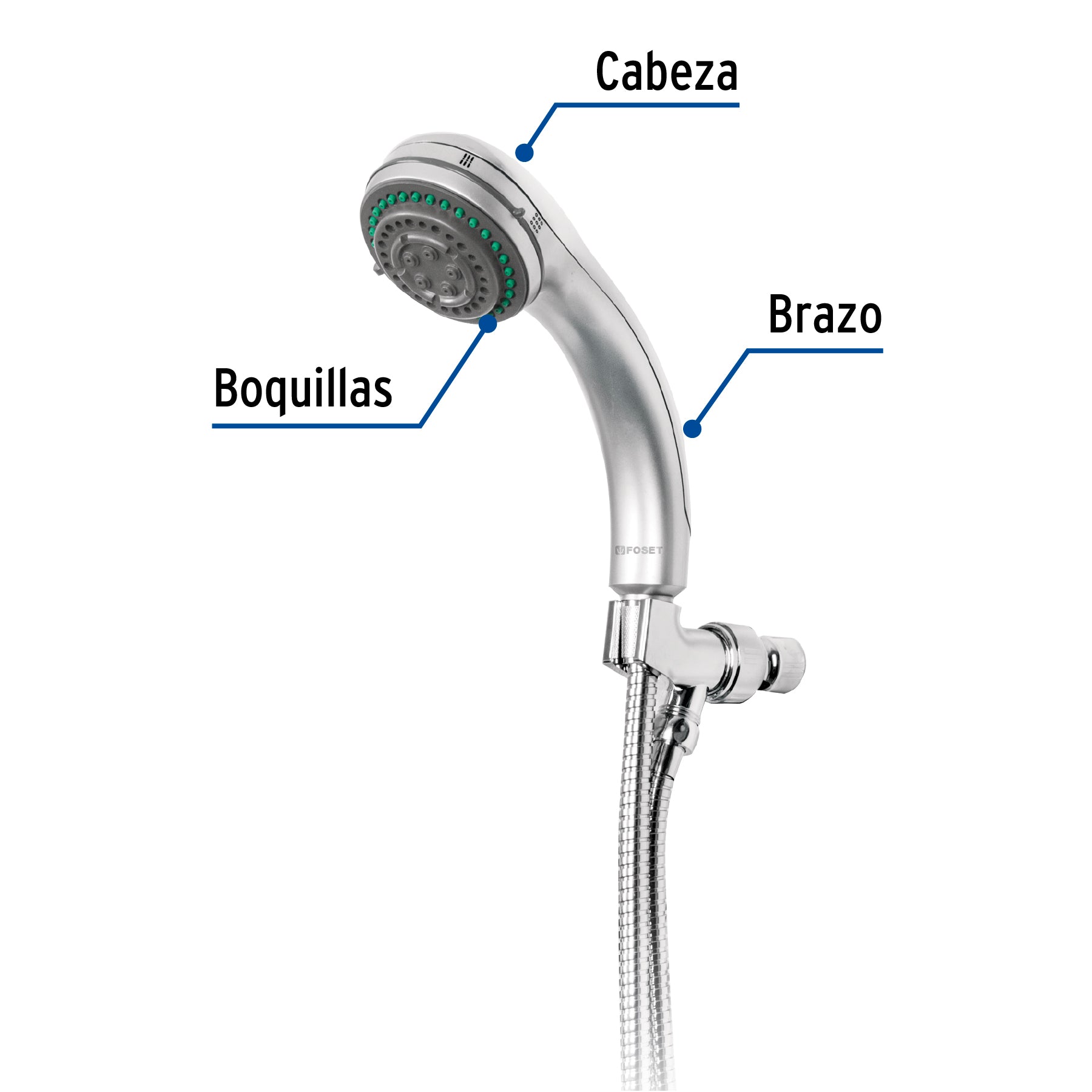 Regadera de Telefono 3" con Soporte 5 Funciones Acabado Cromo Foset Aqua
