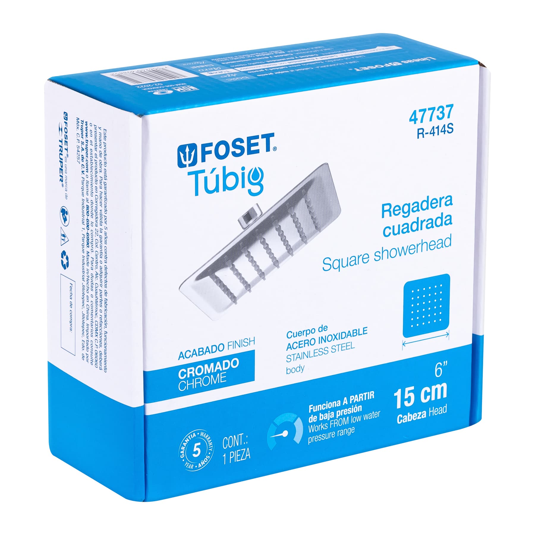 Regadera Cuadrada 6" Acero Inoxidable FOSET TUBIG Acabado Cromo