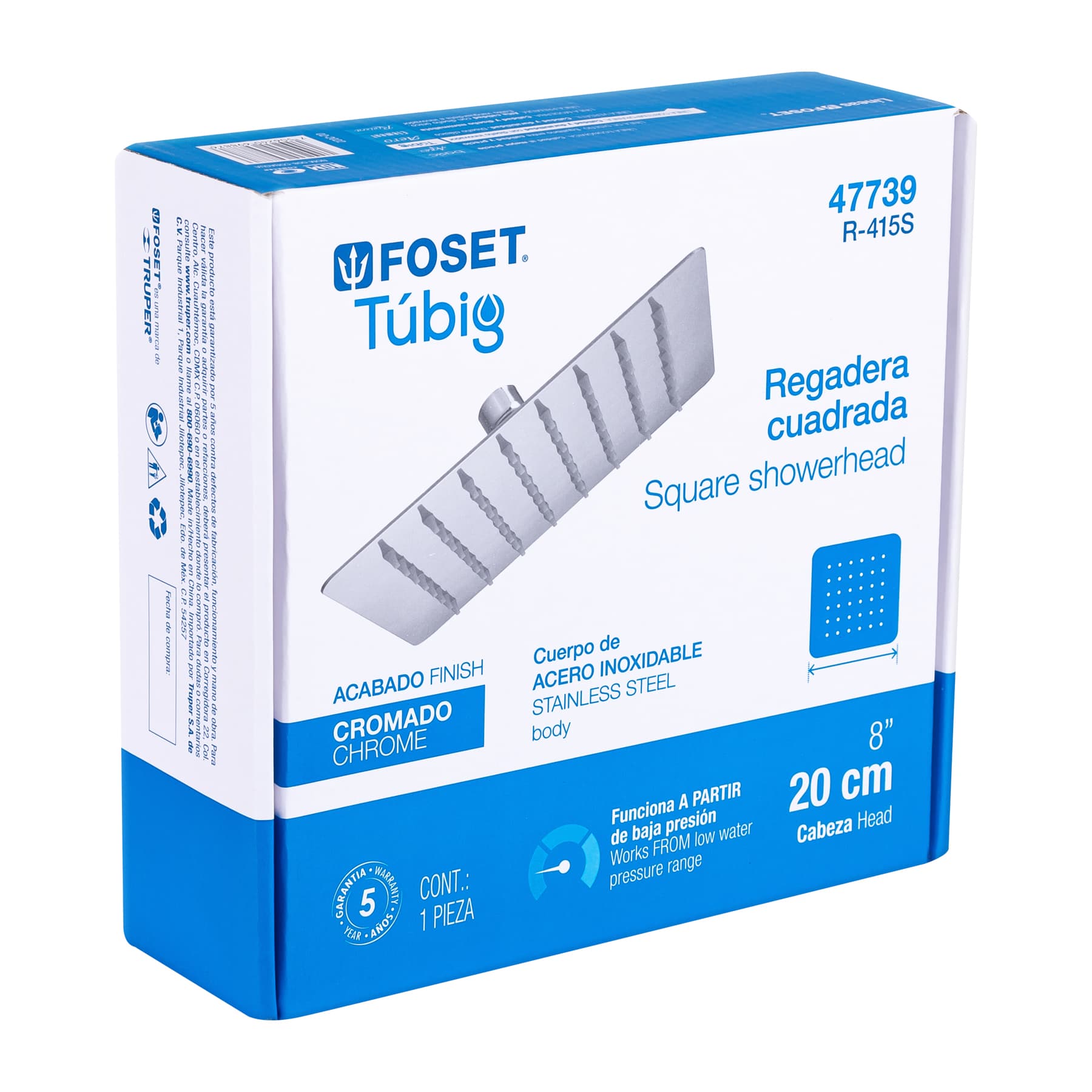 Regadera Cuadrada 8" Acero Inoxidable FOSET TUBIG Acabado Cromo