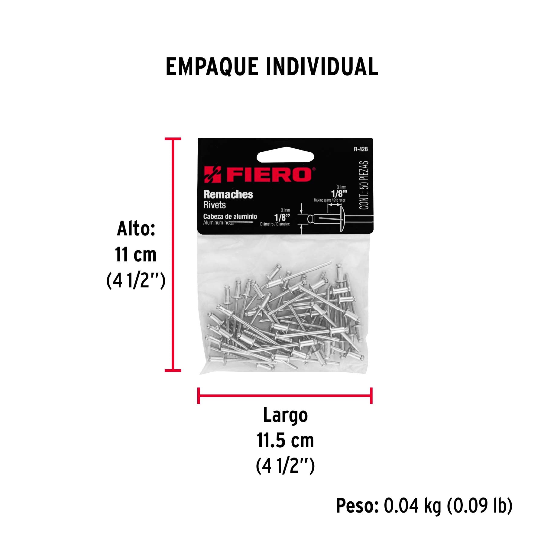 Remache 42 de 1/8" X 1/8'' Fiero Bolsa con 50 Piezas