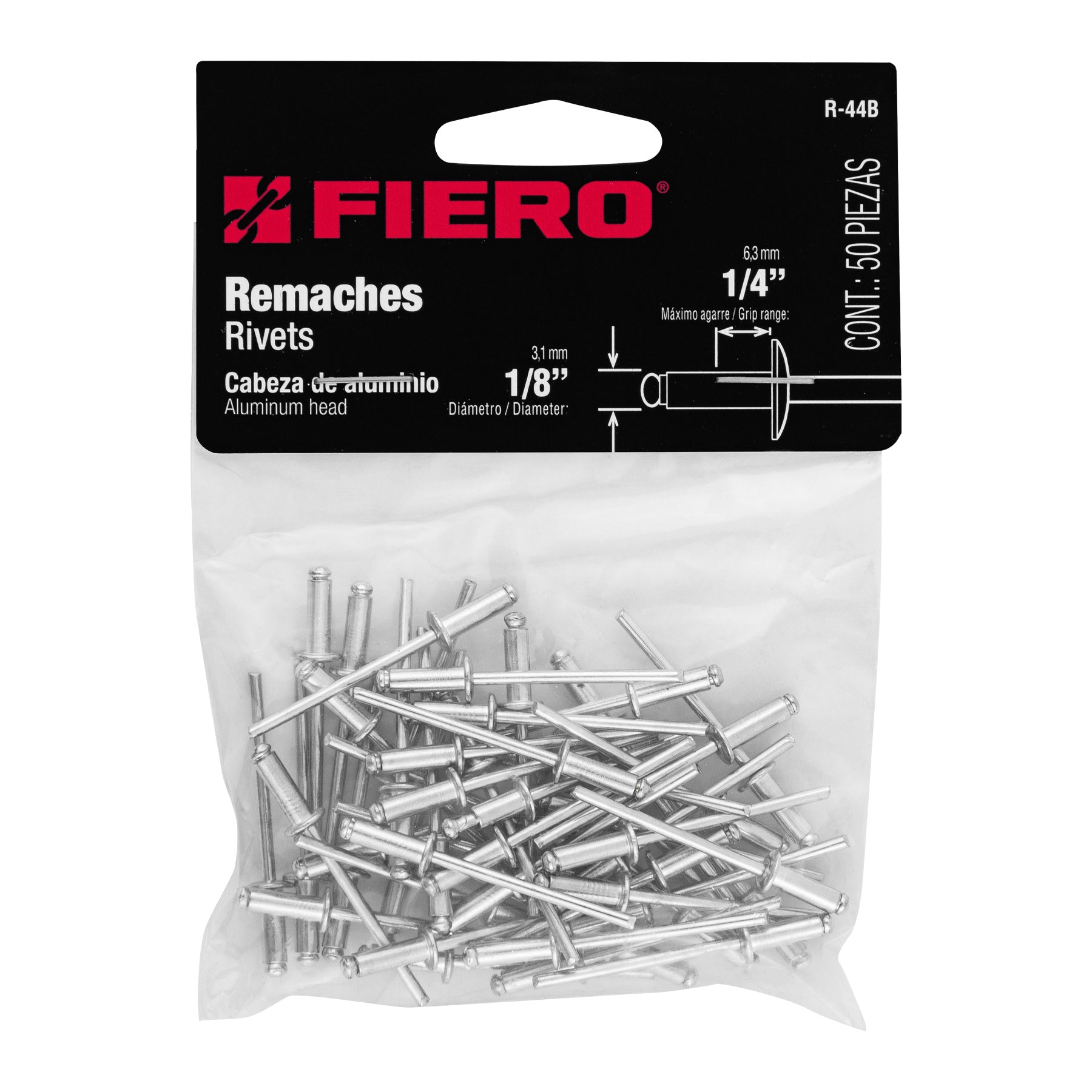 Remache 44 de 1/8" X 1/4'' Fiero Bolsa con 50 Piezas