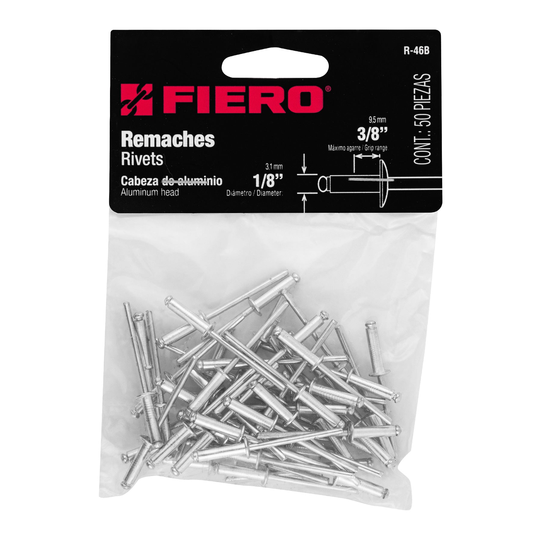 Remache 46 de 1/8" X 3/8'' Fiero Bolsa con 50 Piezas