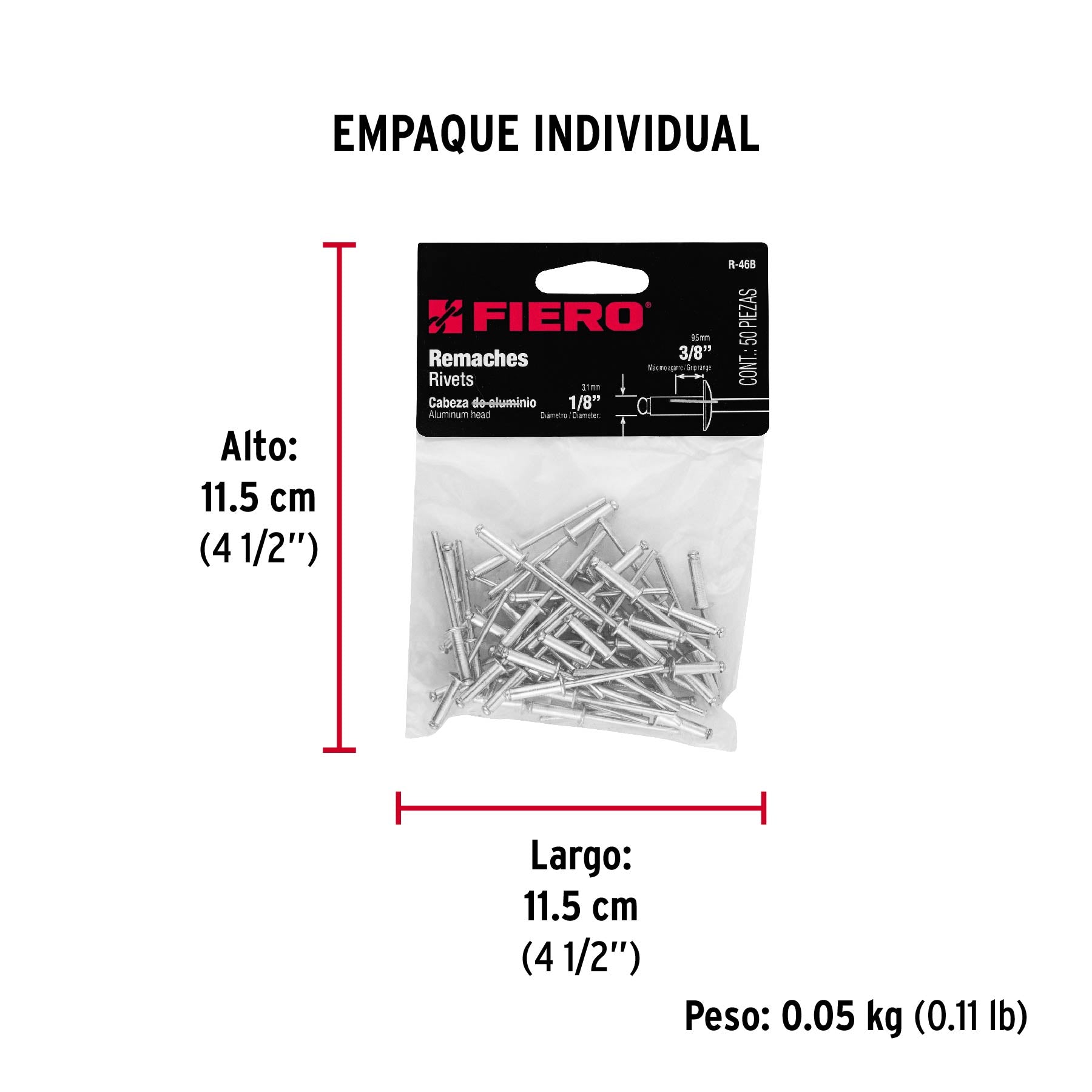 Remache 46 de 1/8" X 3/8'' Fiero Bolsa con 50 Piezas