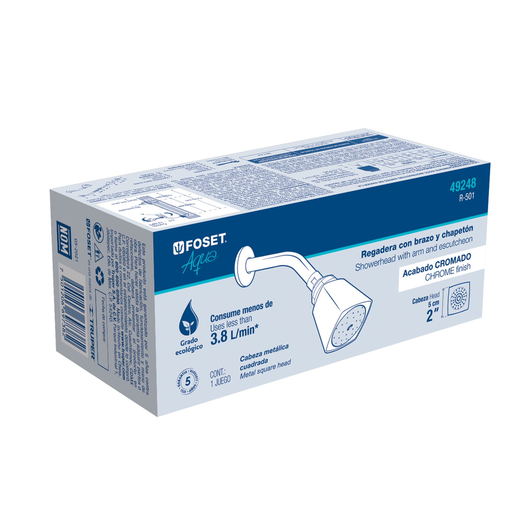 Regadera Cuadrada 2" Brazo y Chapeton Foset Aqua