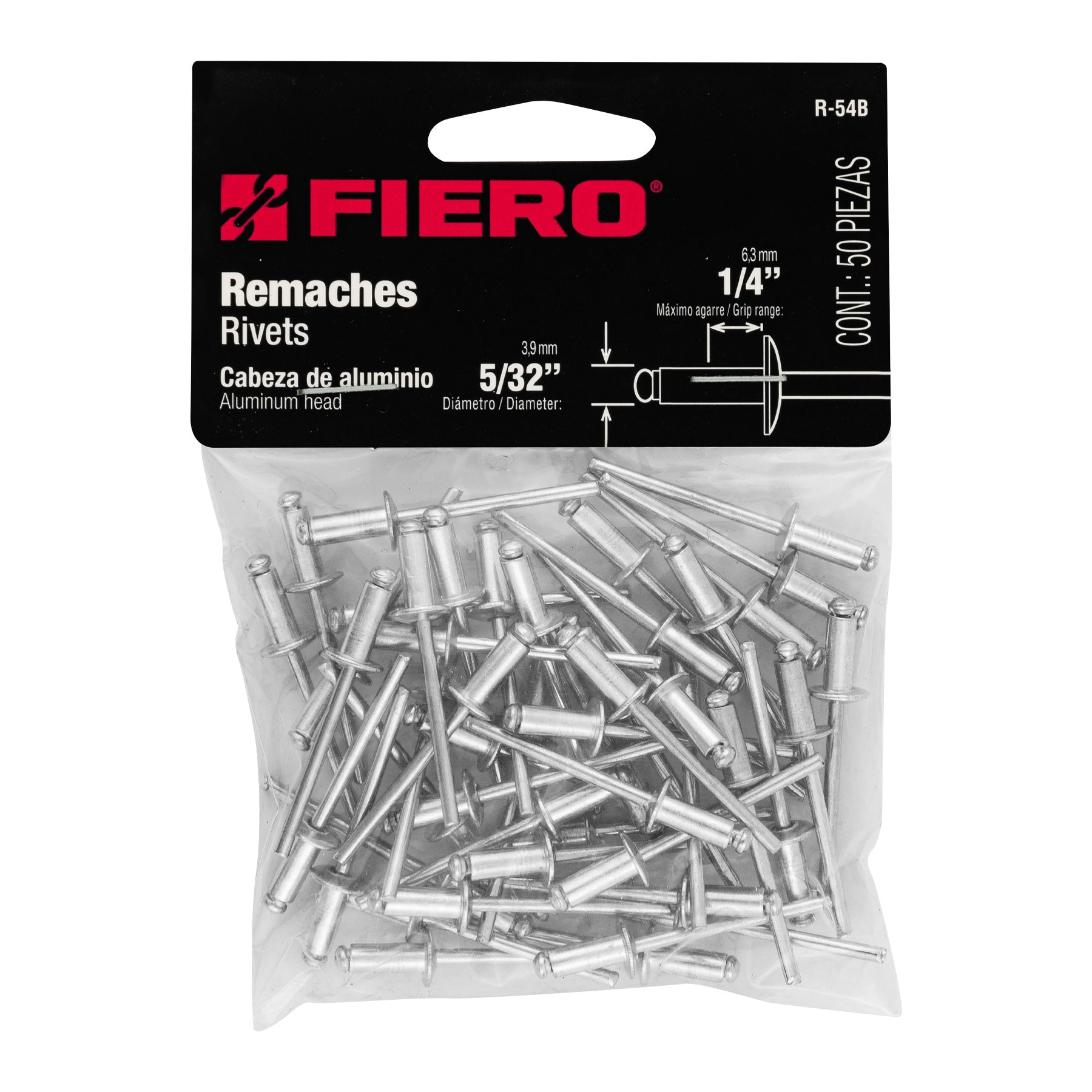 Remache 54 de 5/32" X 1/4'' Fiero Bolsa con 50 Piezas