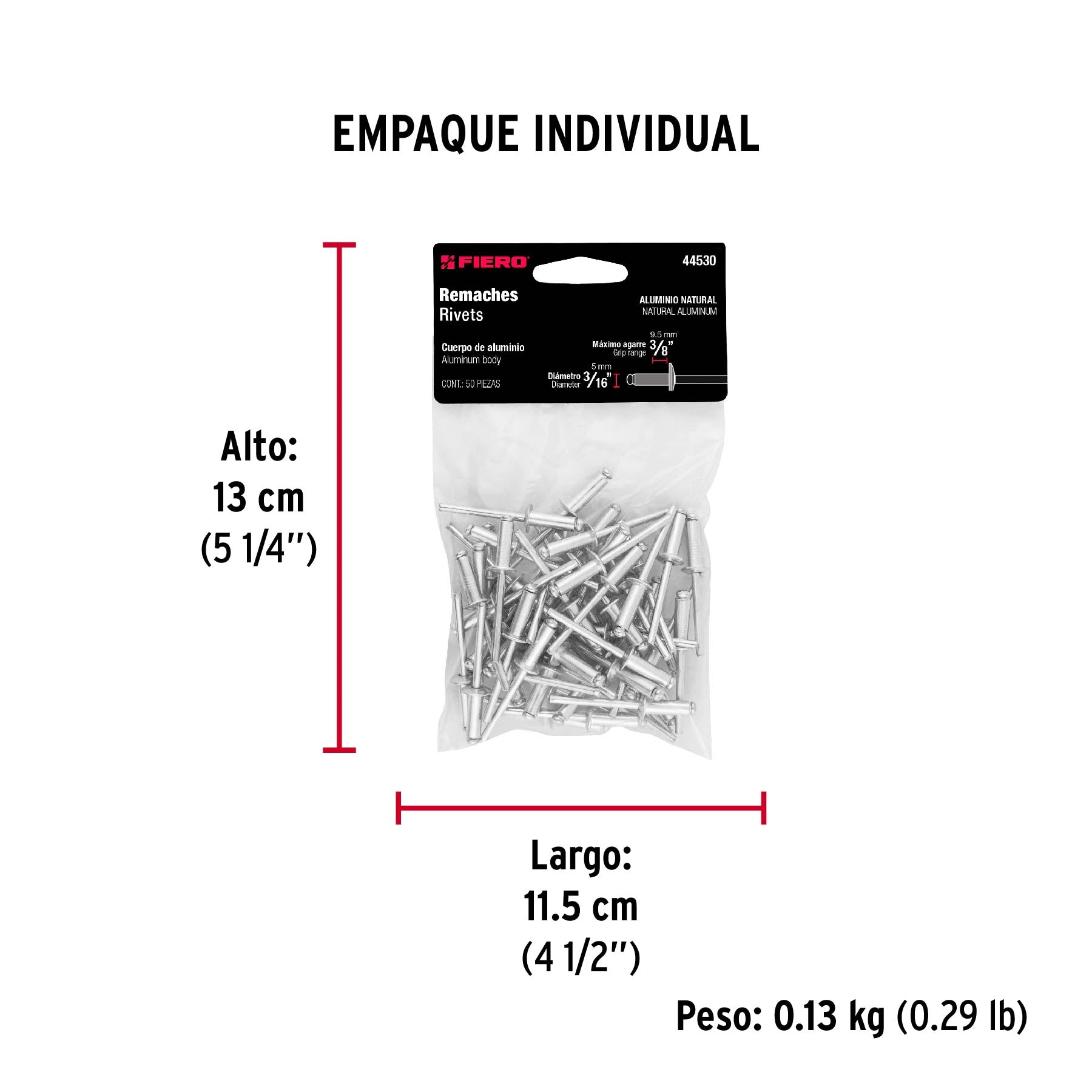 Remache 66 de 3/16" X 3/8'' Fiero Bolsa con 50 Piezas