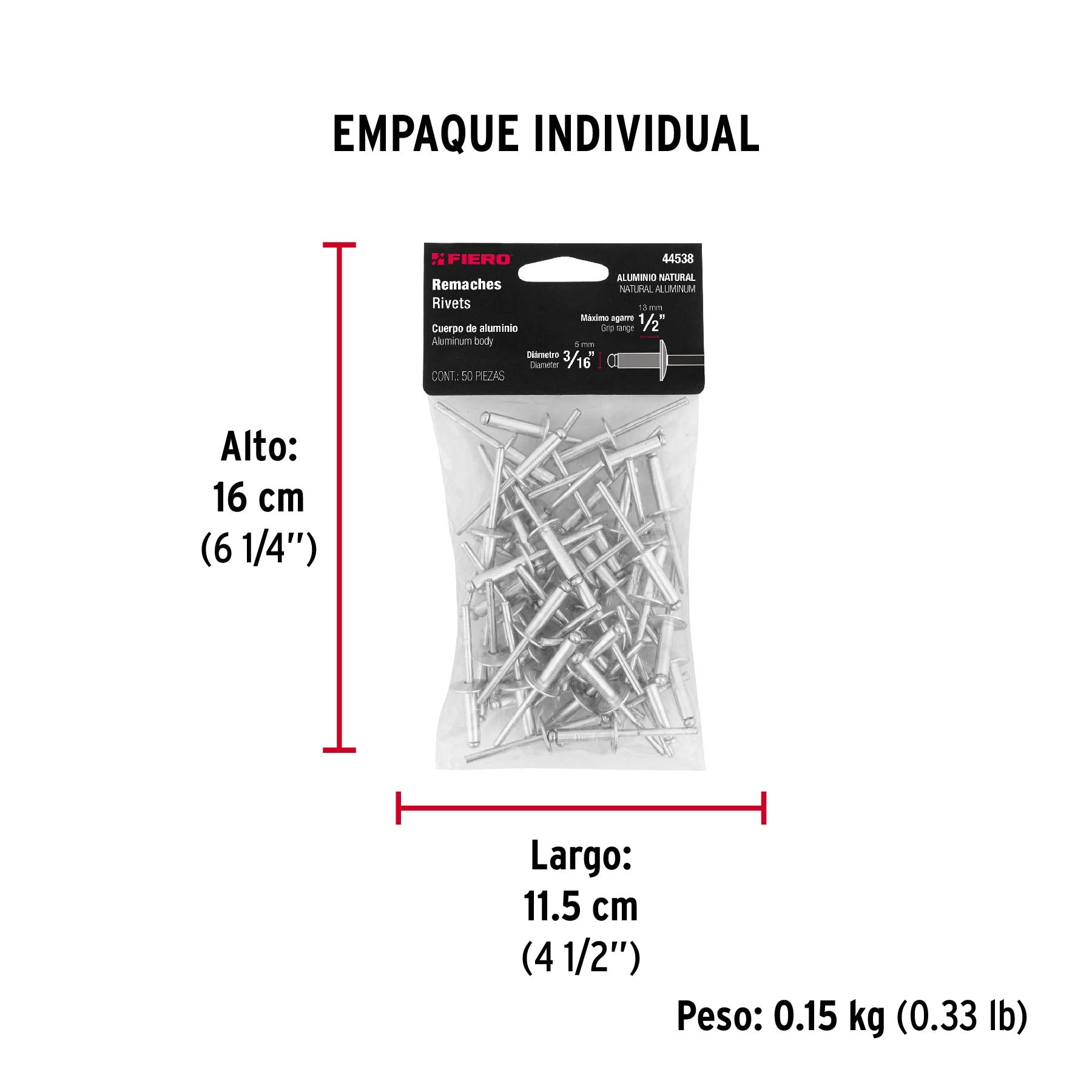 Remache Ala Ancha 68 de 3/16" X 1/2'' Fiero Bolsa con 50 Piezas