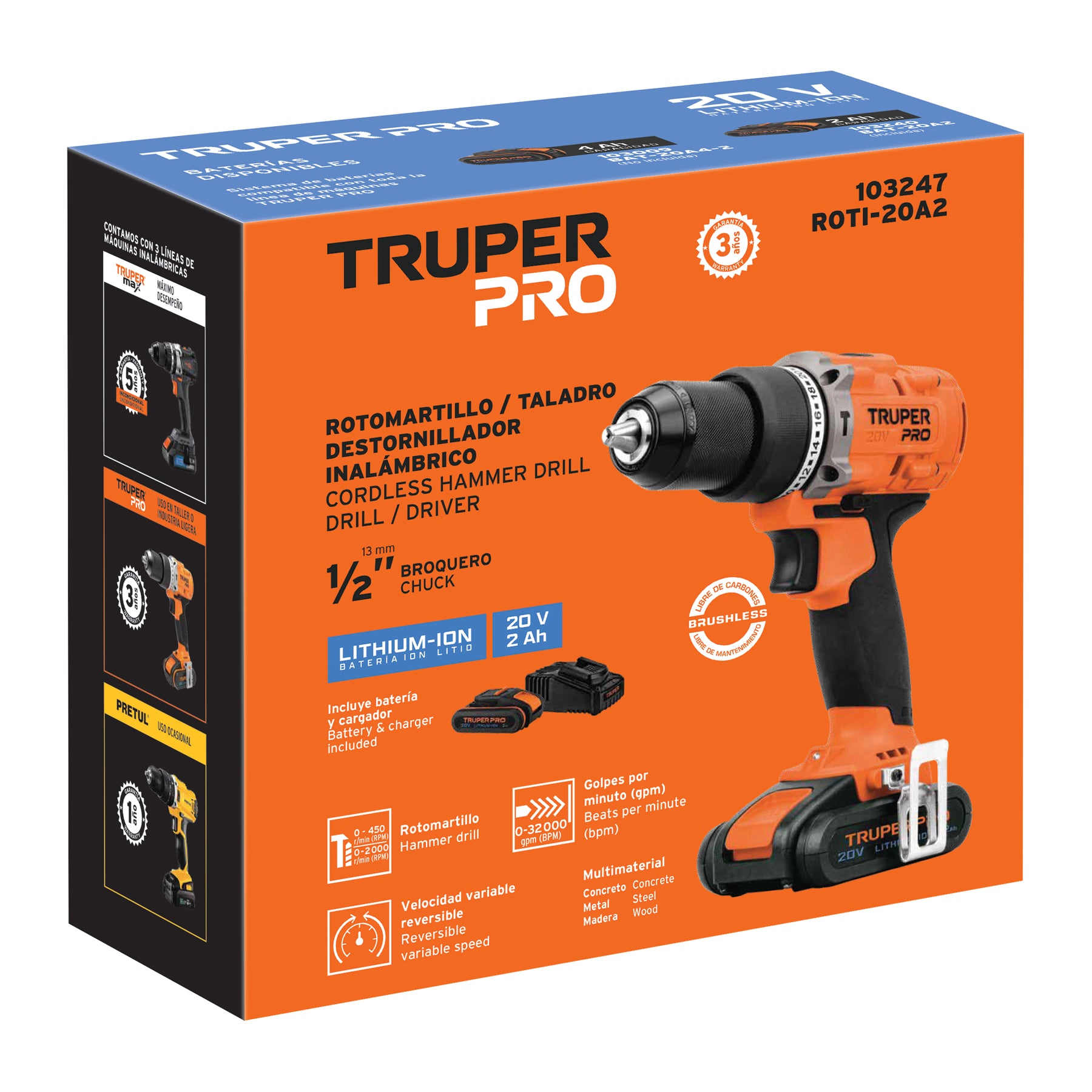 Rotomartillo Inalambrico 20 Volts Broquero de 1/2" Truper PRO