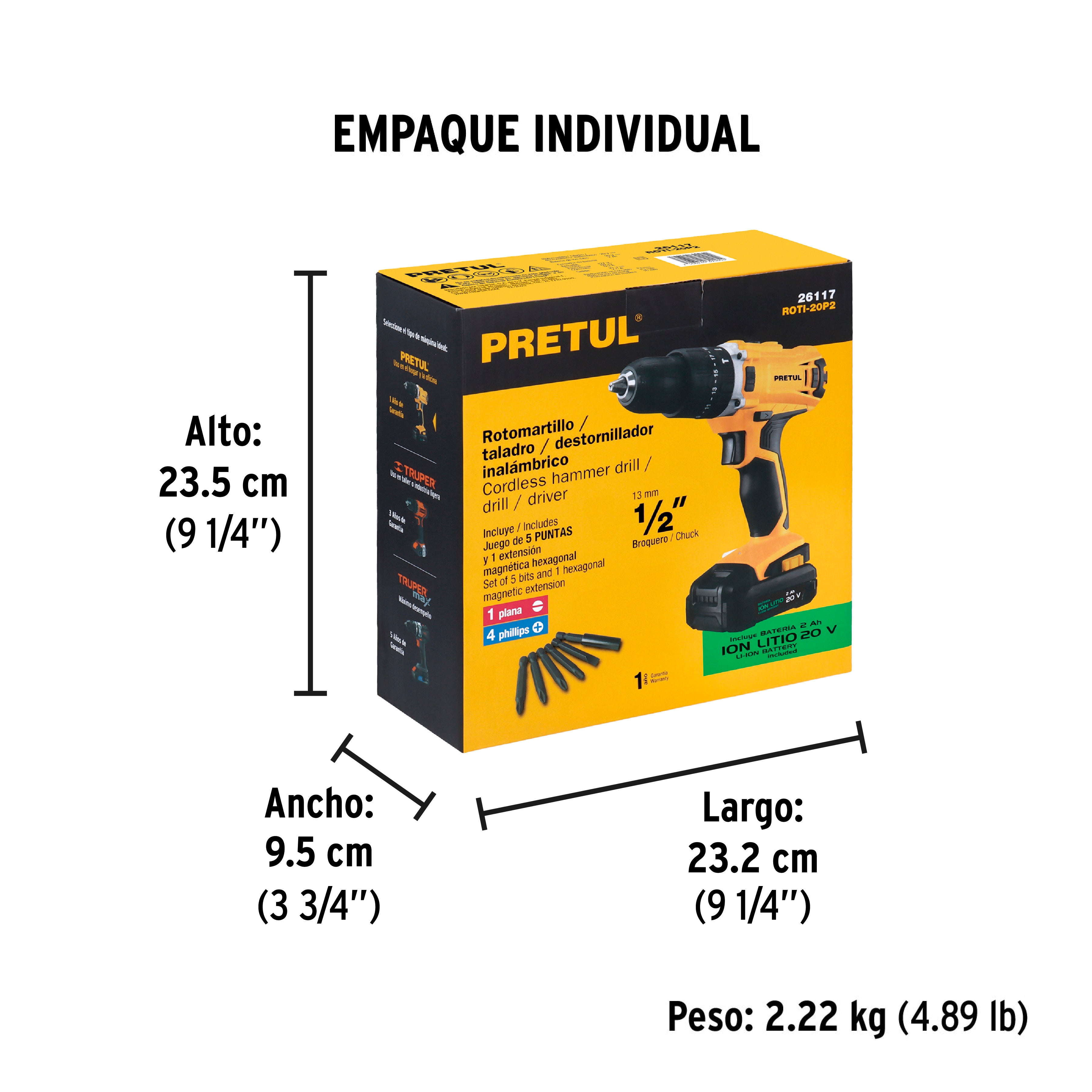 Rotomartillo Inalambrico 20 Volts Broquero de 1/2" Pretul