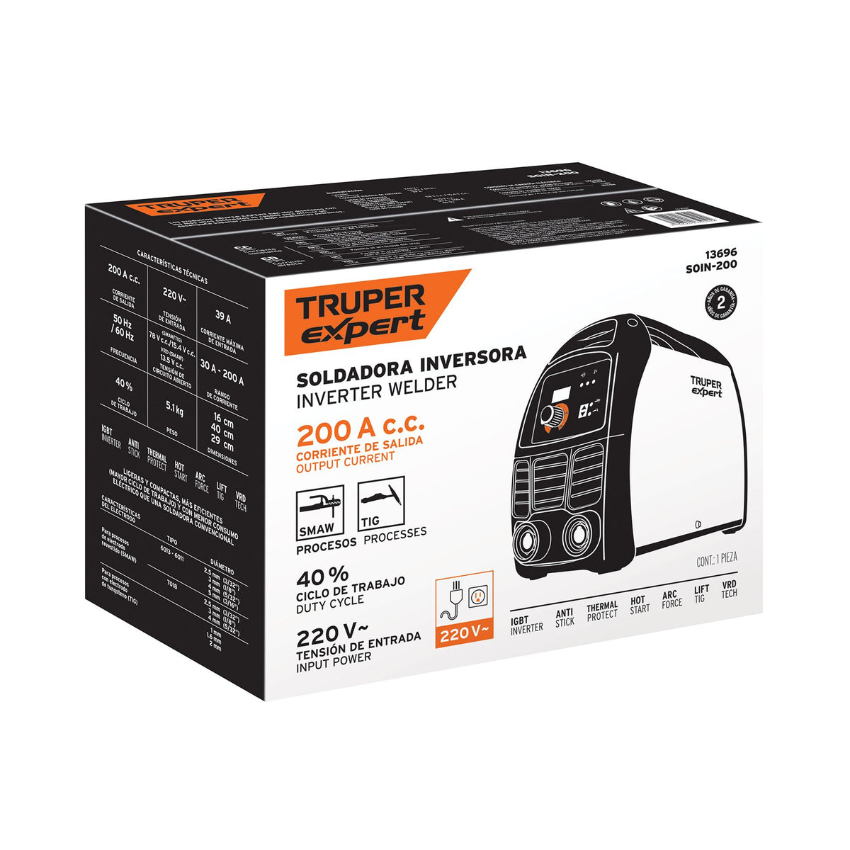 Soldadora Inversora SMAW y GTAW 200A 220V TRUPER EXPERT
