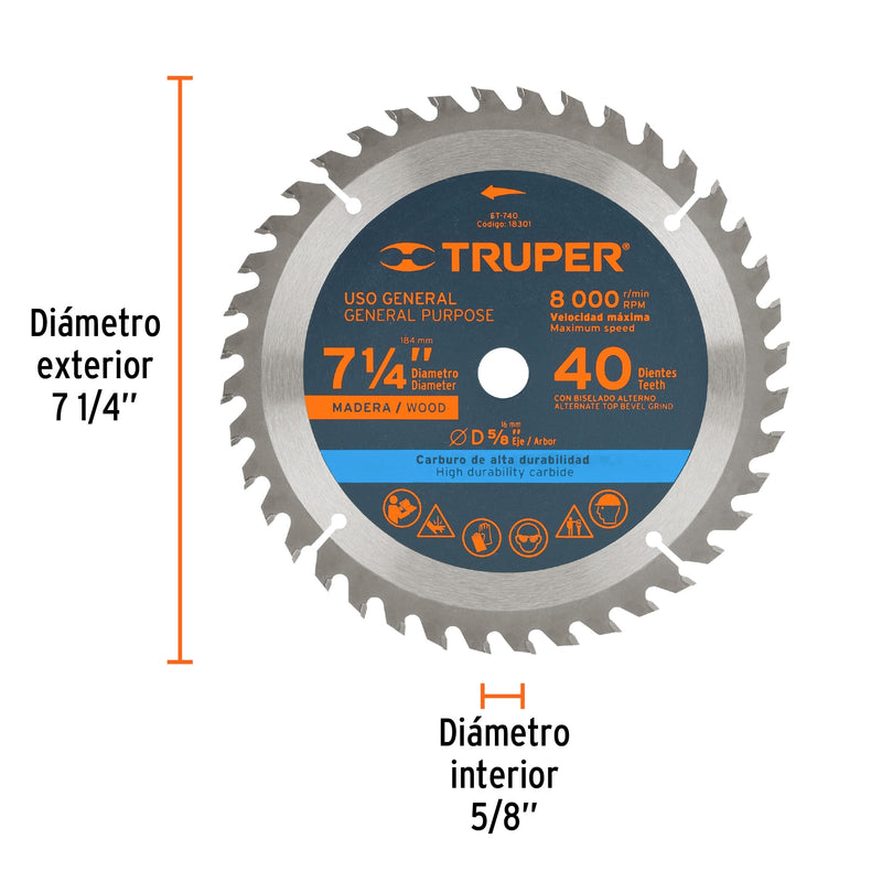 Disco Sierra Circular 7"1/4 para Madera 40 Dientes Centro 5/8" Truper